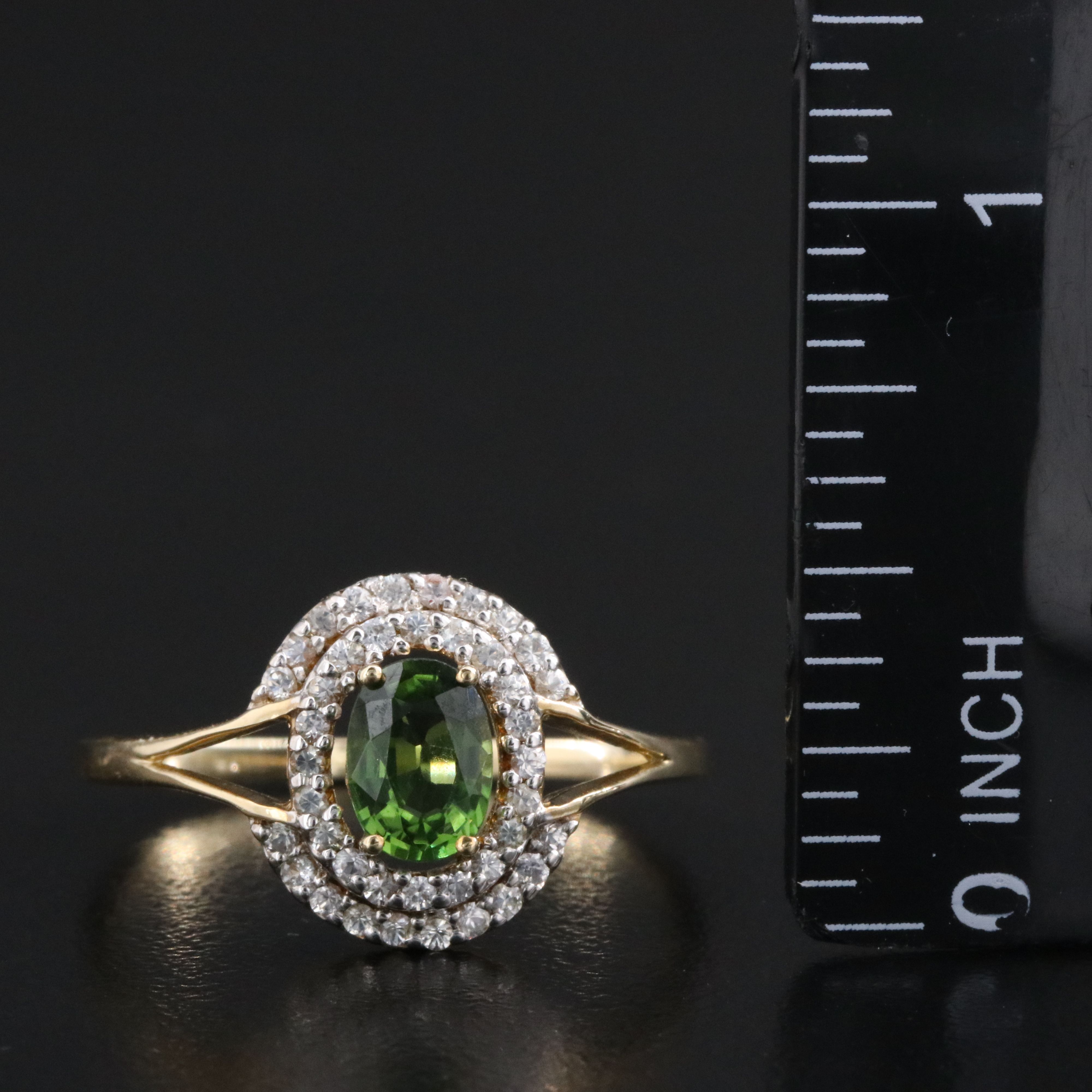 9K Peridot and White Sapphire Halo Ring