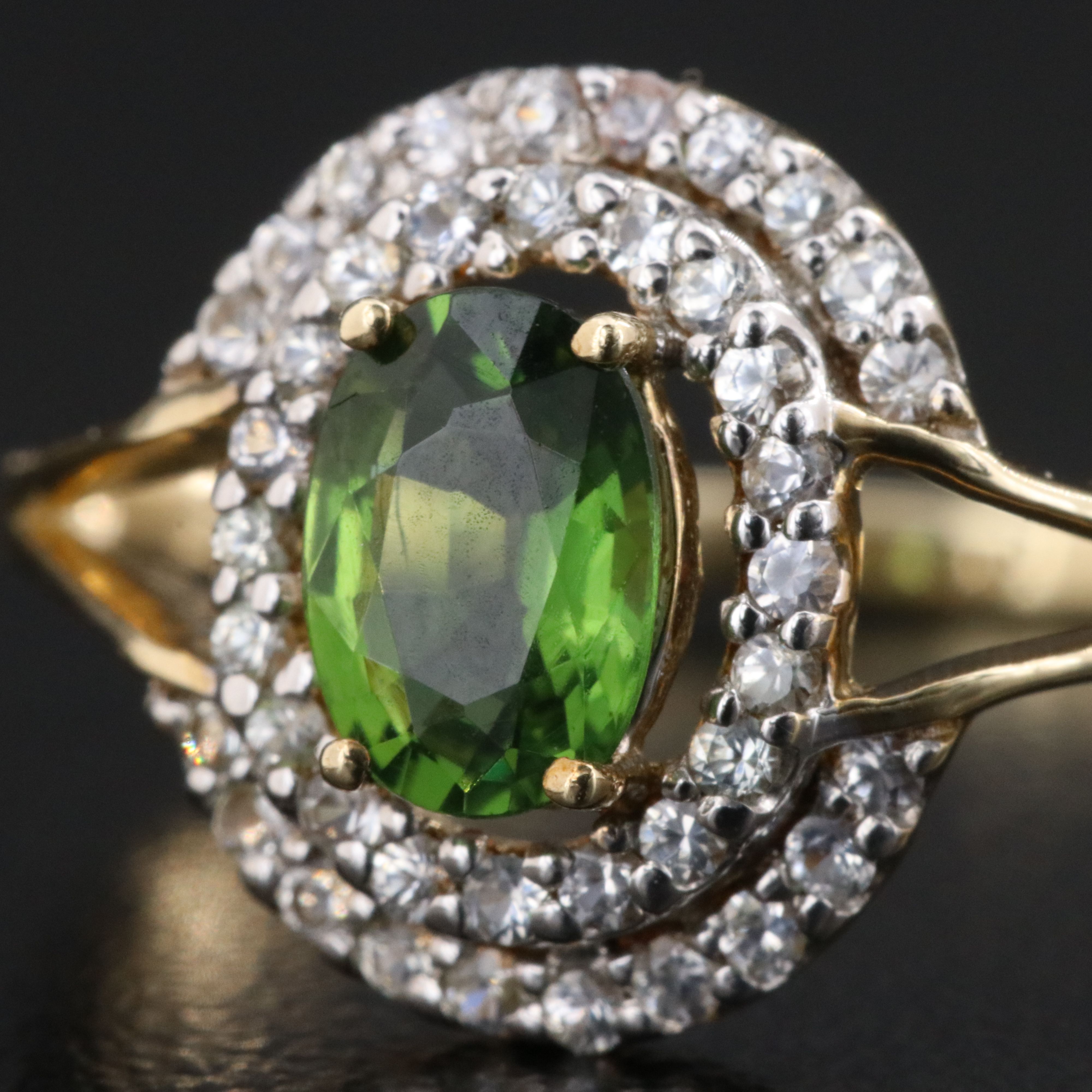 9K Peridot and White Sapphire Halo Ring