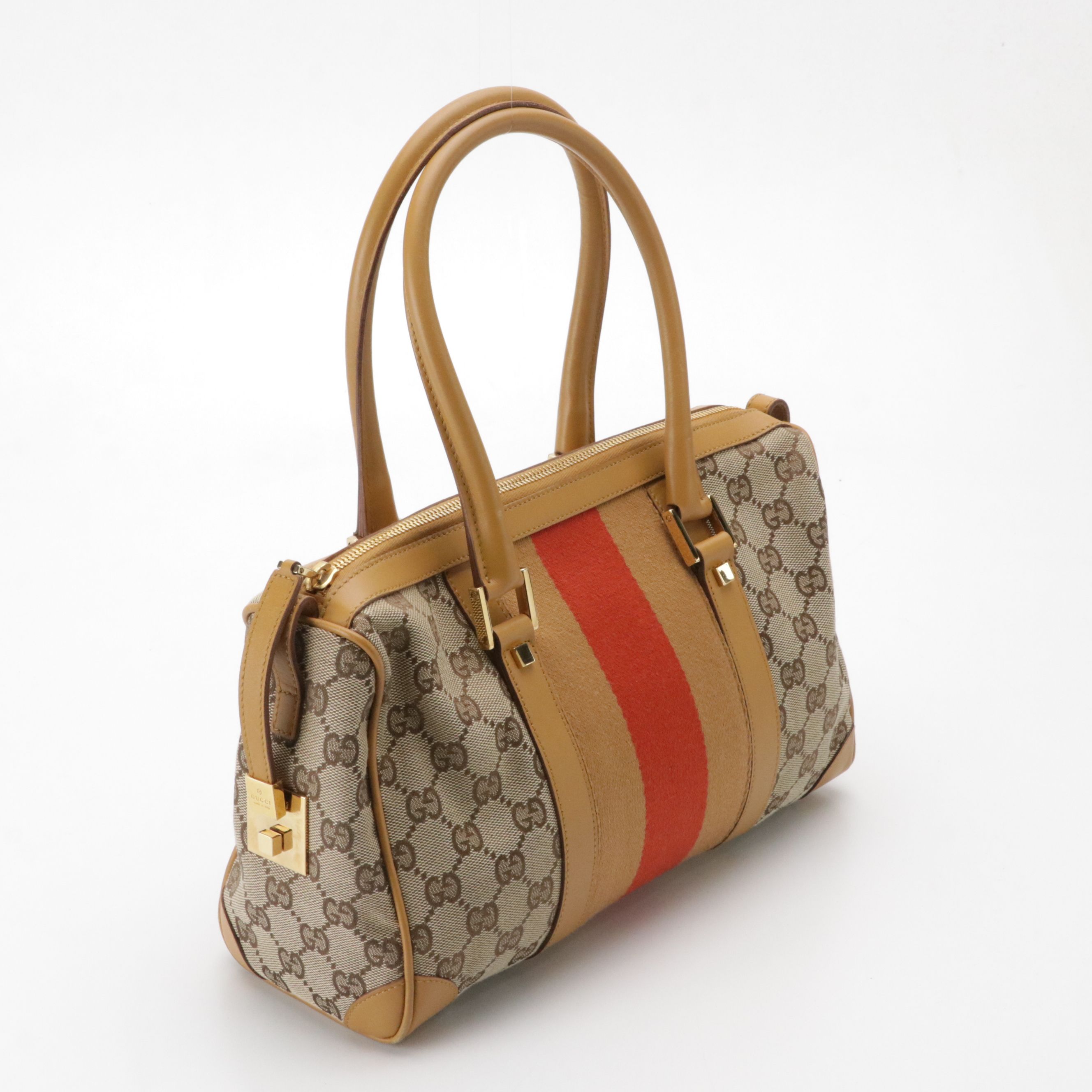 Gucci Web Stripe Handbag in GG Canvas with Leather Trim