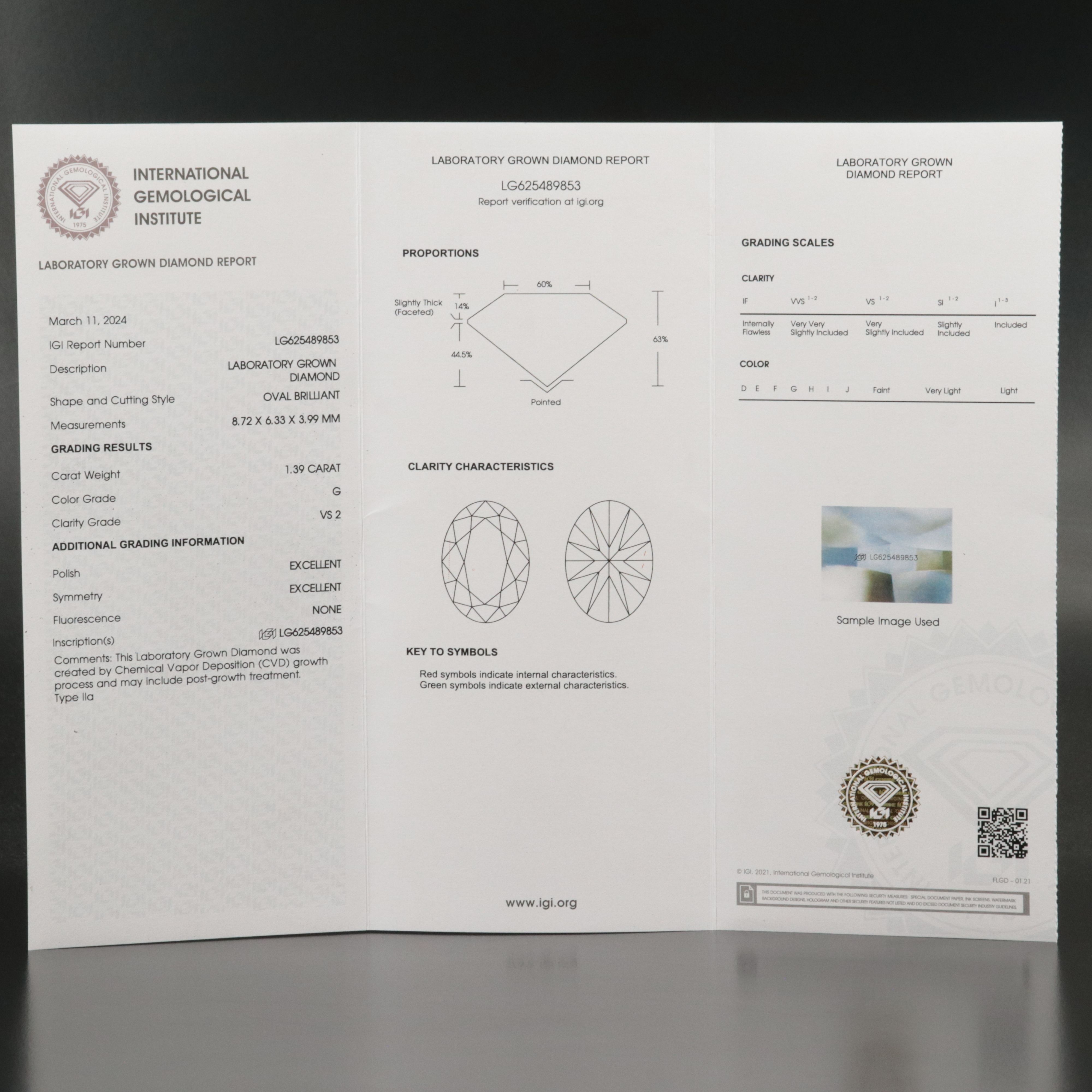 Loose 1.39 CT Lab Grown Diamond with IGI Report