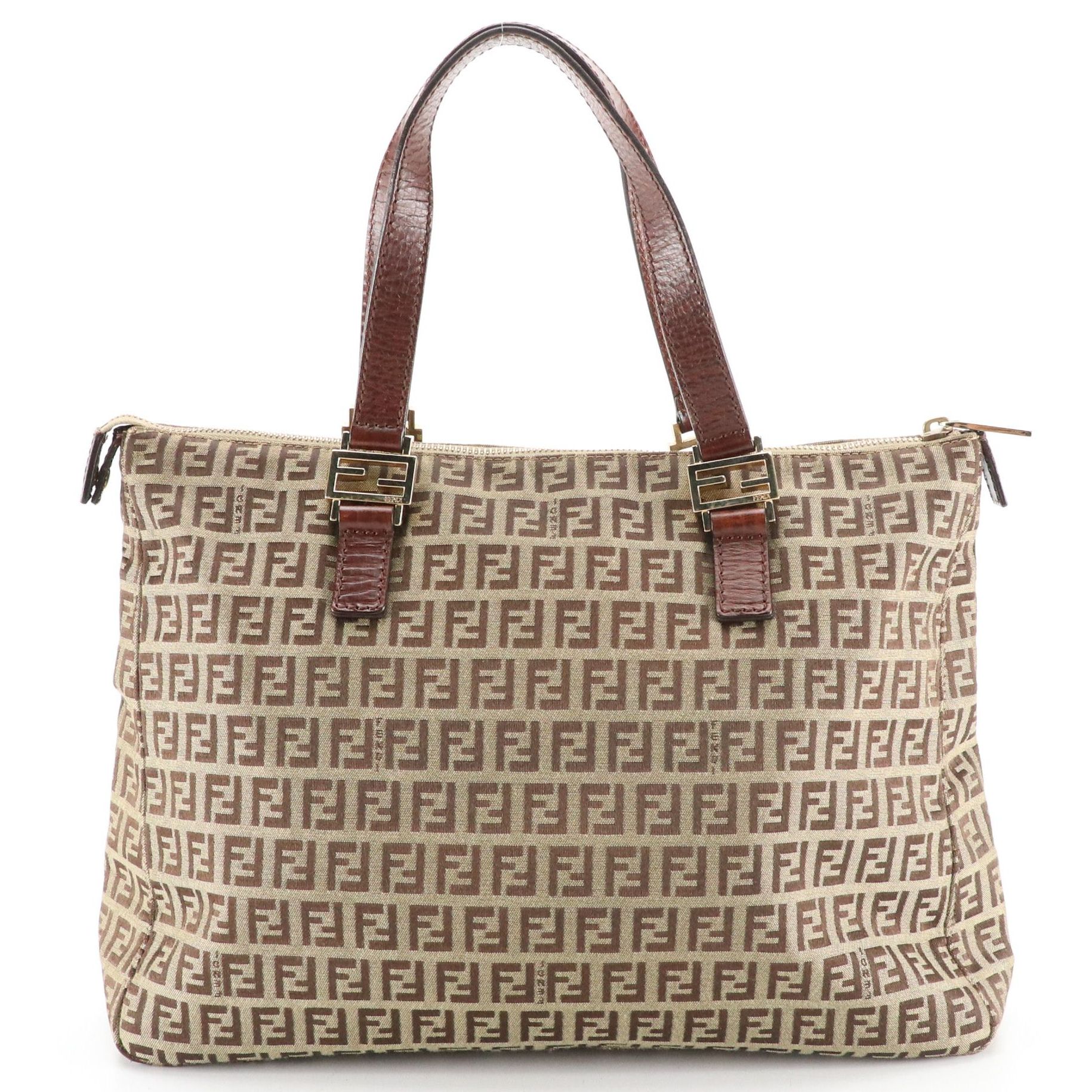 Fendi Tote Bag in Zucchino Canvas with Brown Leather Straps
