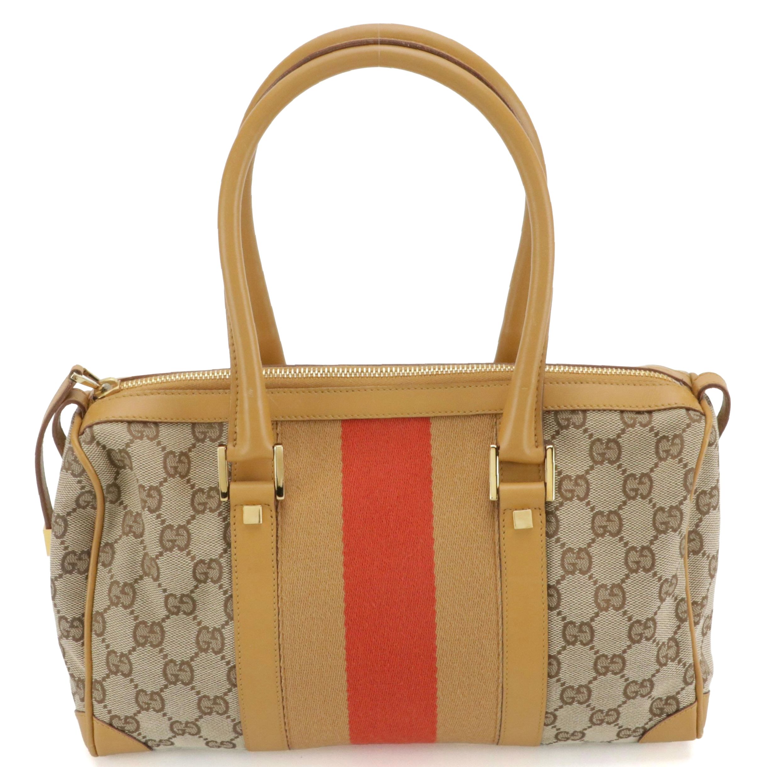 Gucci Web Stripe Handbag in GG Canvas with Leather Trim