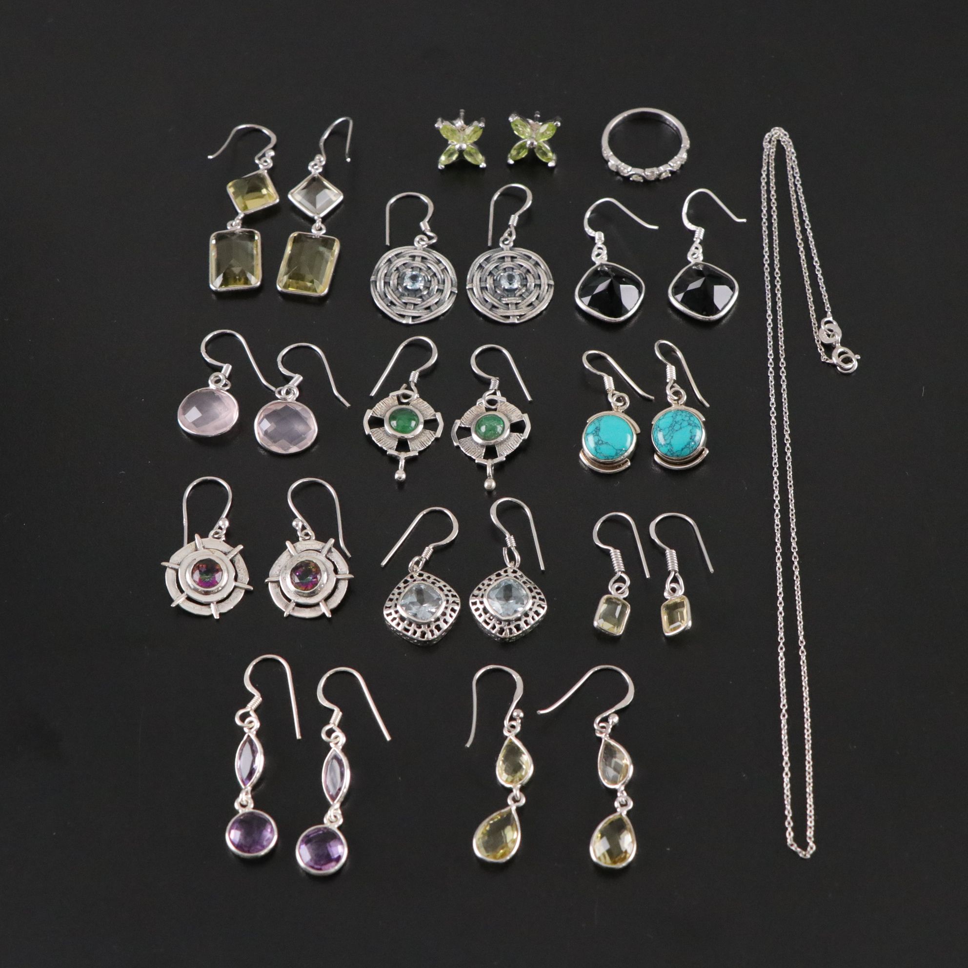 14 Assorted Sterling Silver Necklaces, Rings, and Earrings