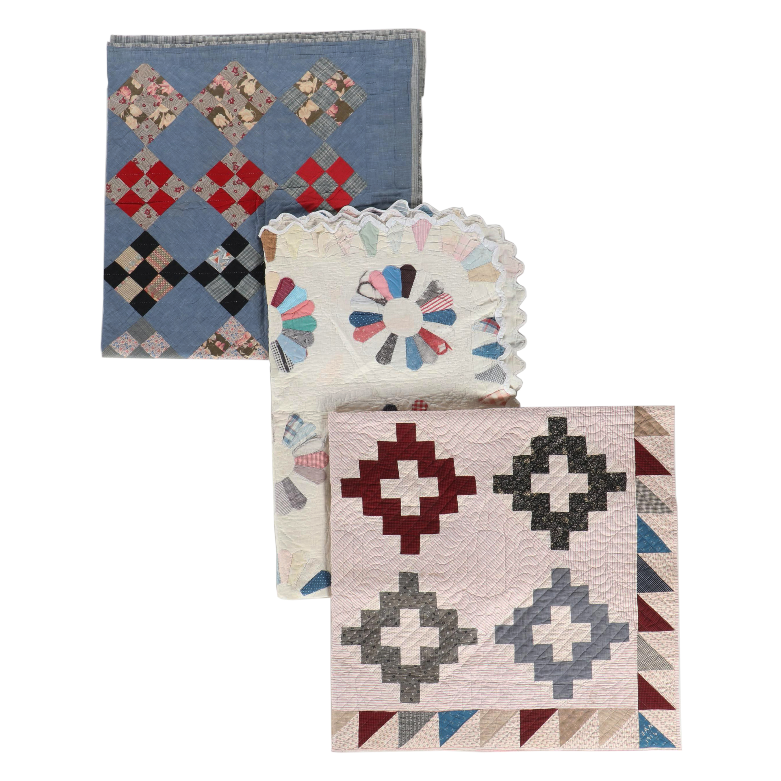 Handmade "Chimney Sweep", "Dresden Plate", "Disappearing Nine-Patch" Quilts