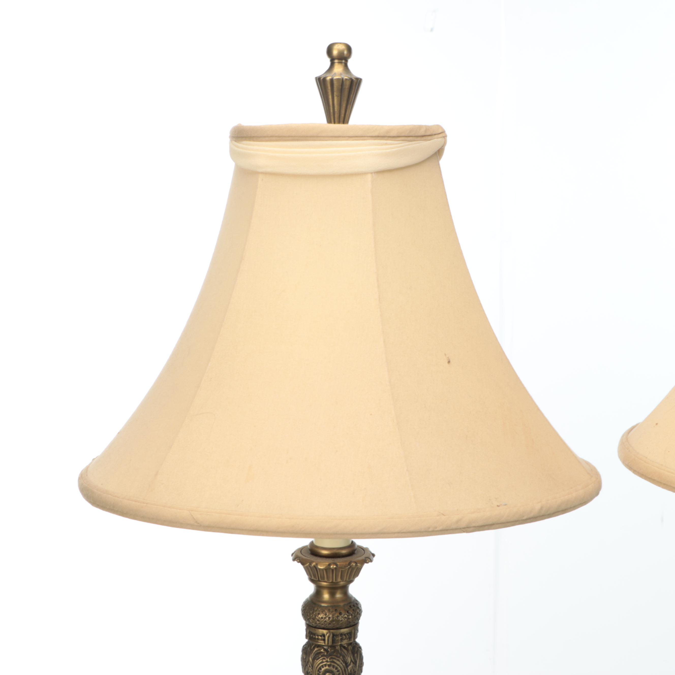 Pair of Aged Gold Finish Console Lamps with Silk Shades, 2000