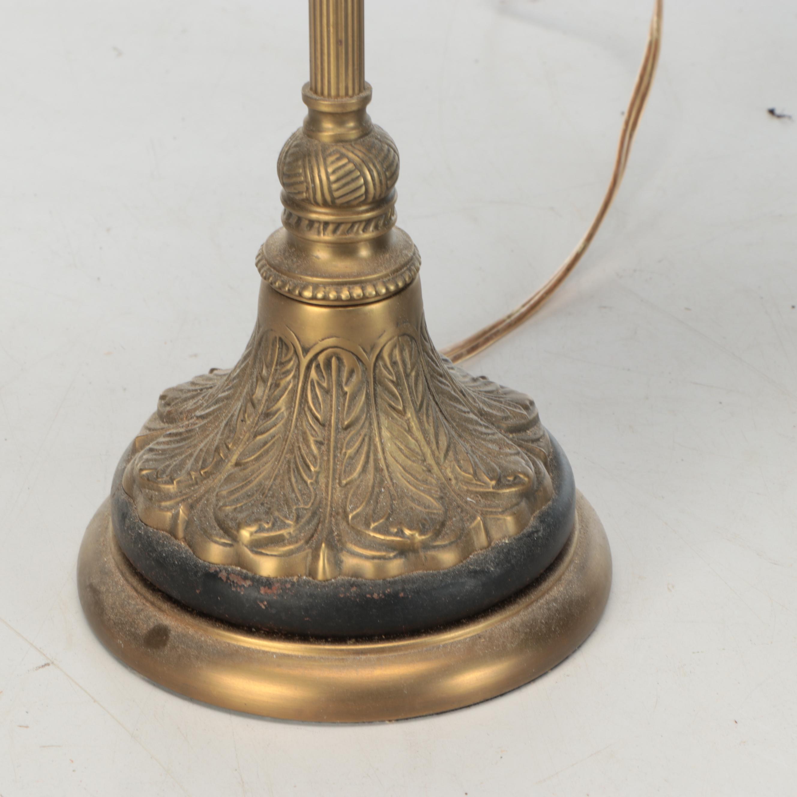 Pair of Aged Gold Finish Console Lamps with Silk Shades, 2000