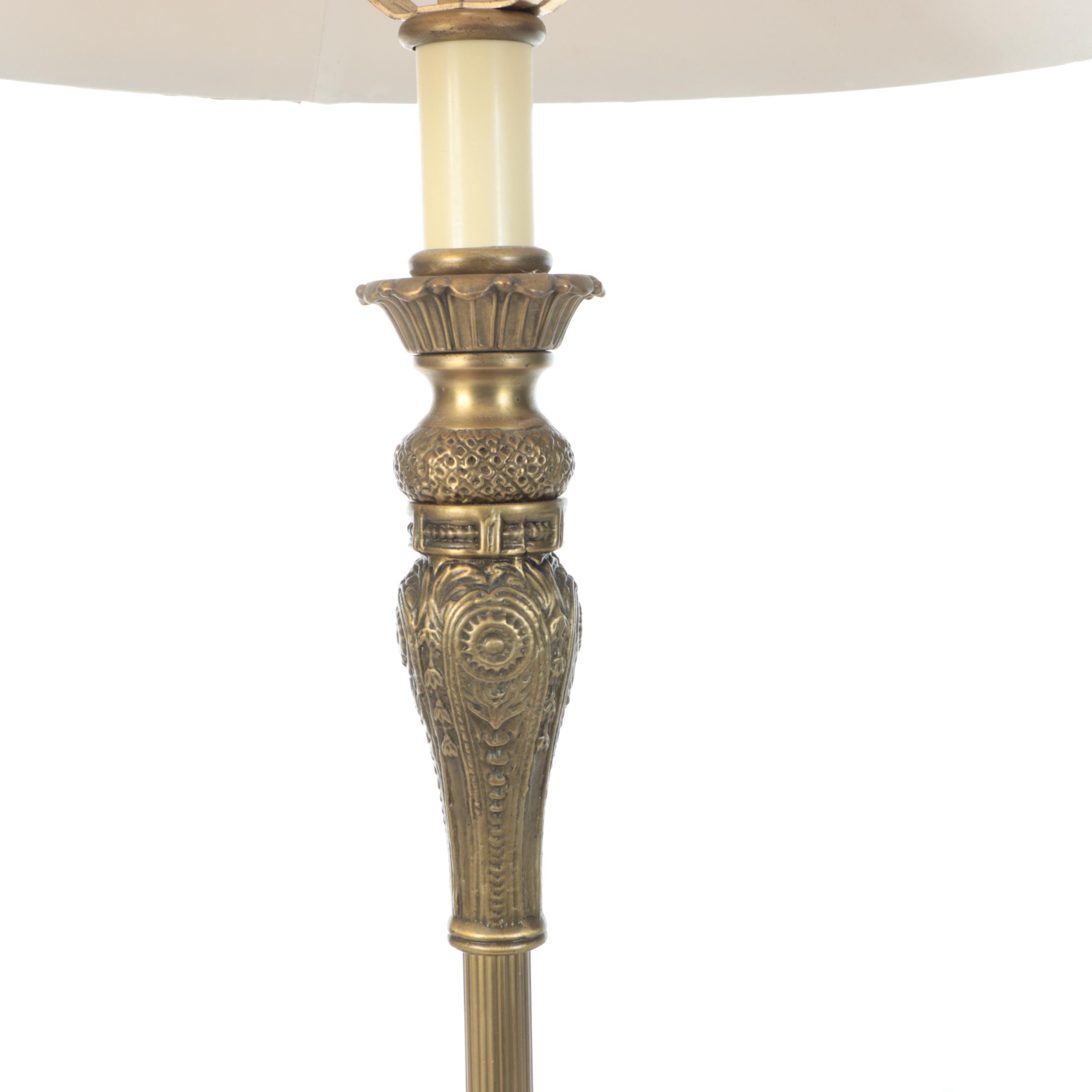 Pair of Aged Gold Finish Console Lamps with Silk Shades, 2000