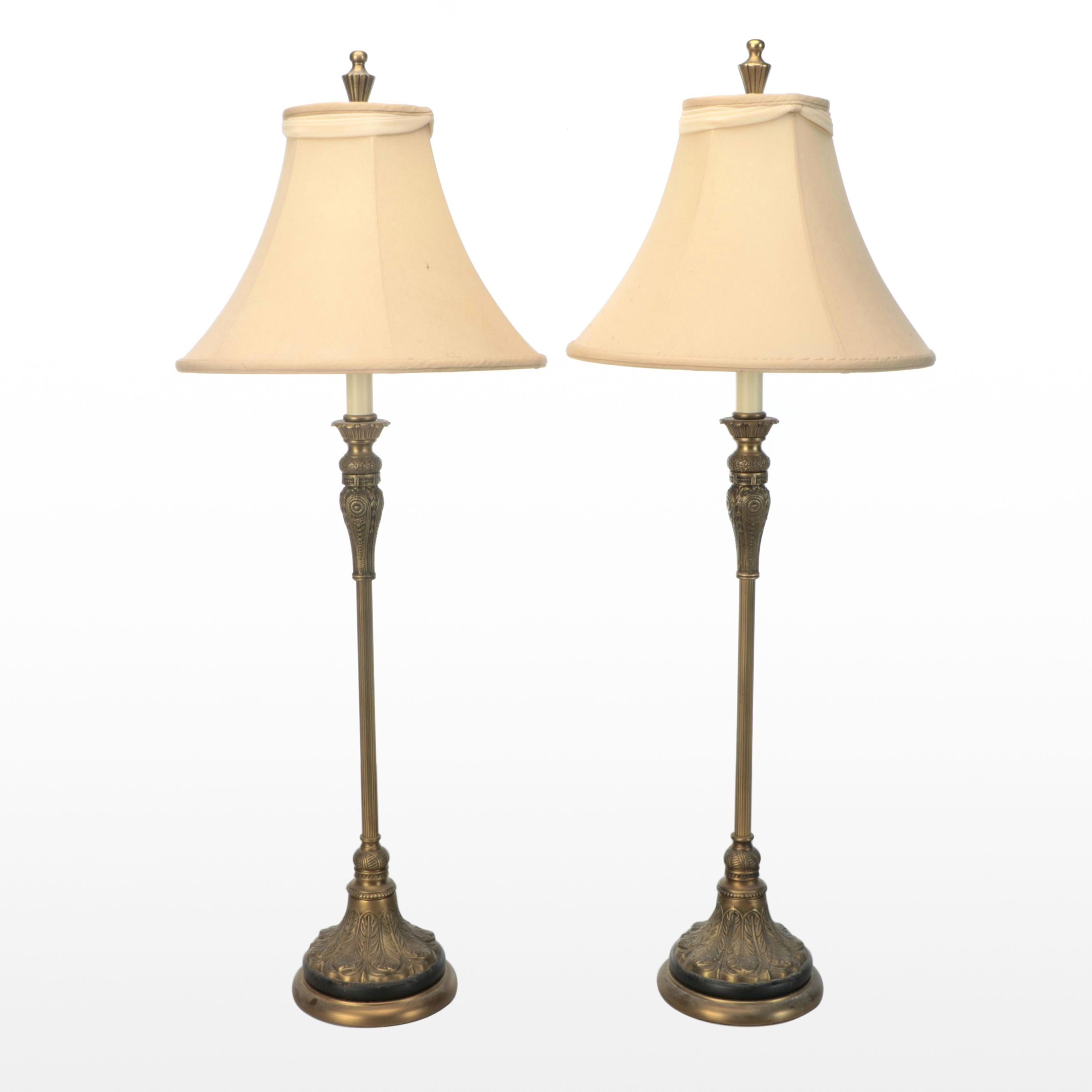 Pair of Aged Gold Finish Console Lamps with Silk Shades, 2000