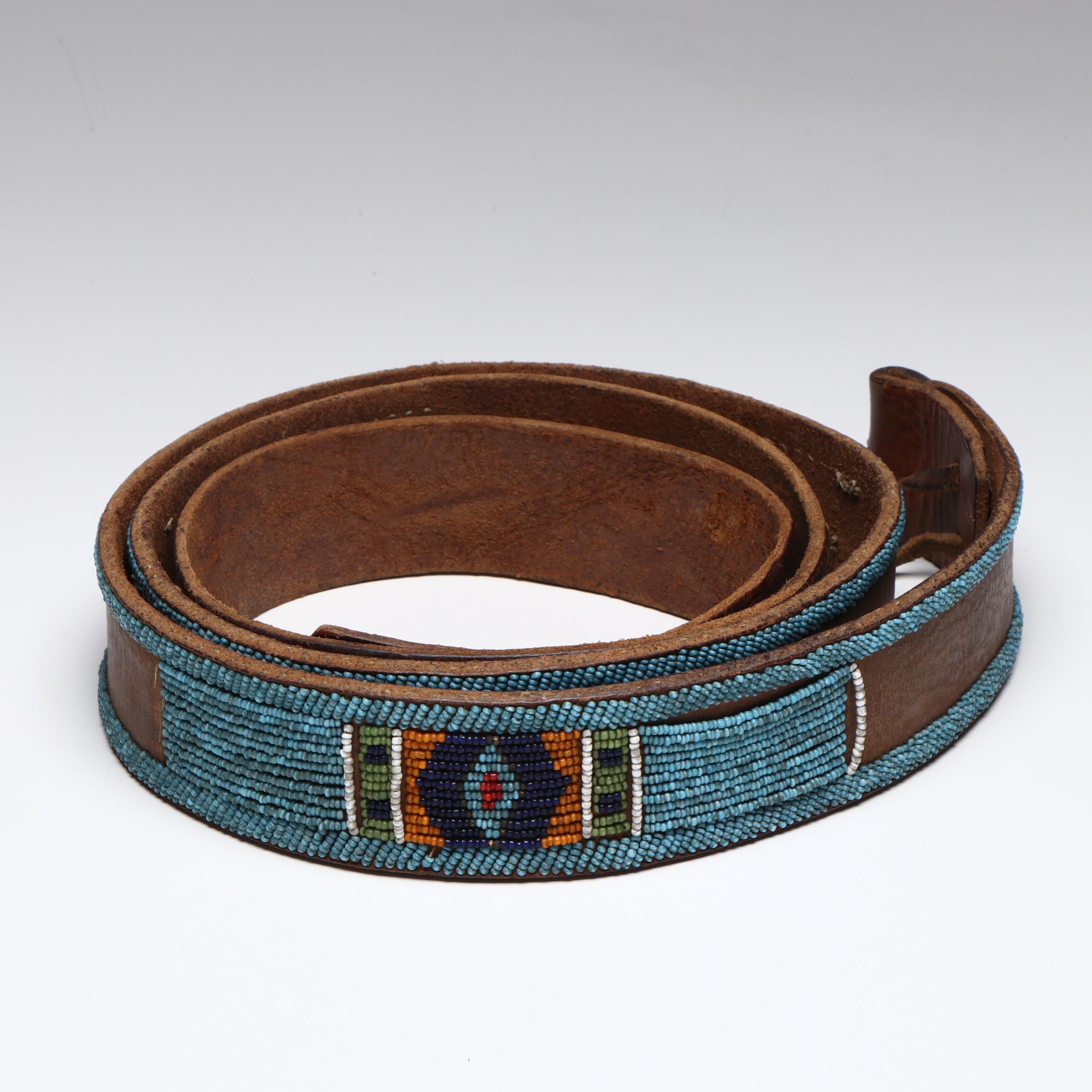 American Indigenous Northern Plains Style Beaded Hide Panel Belt