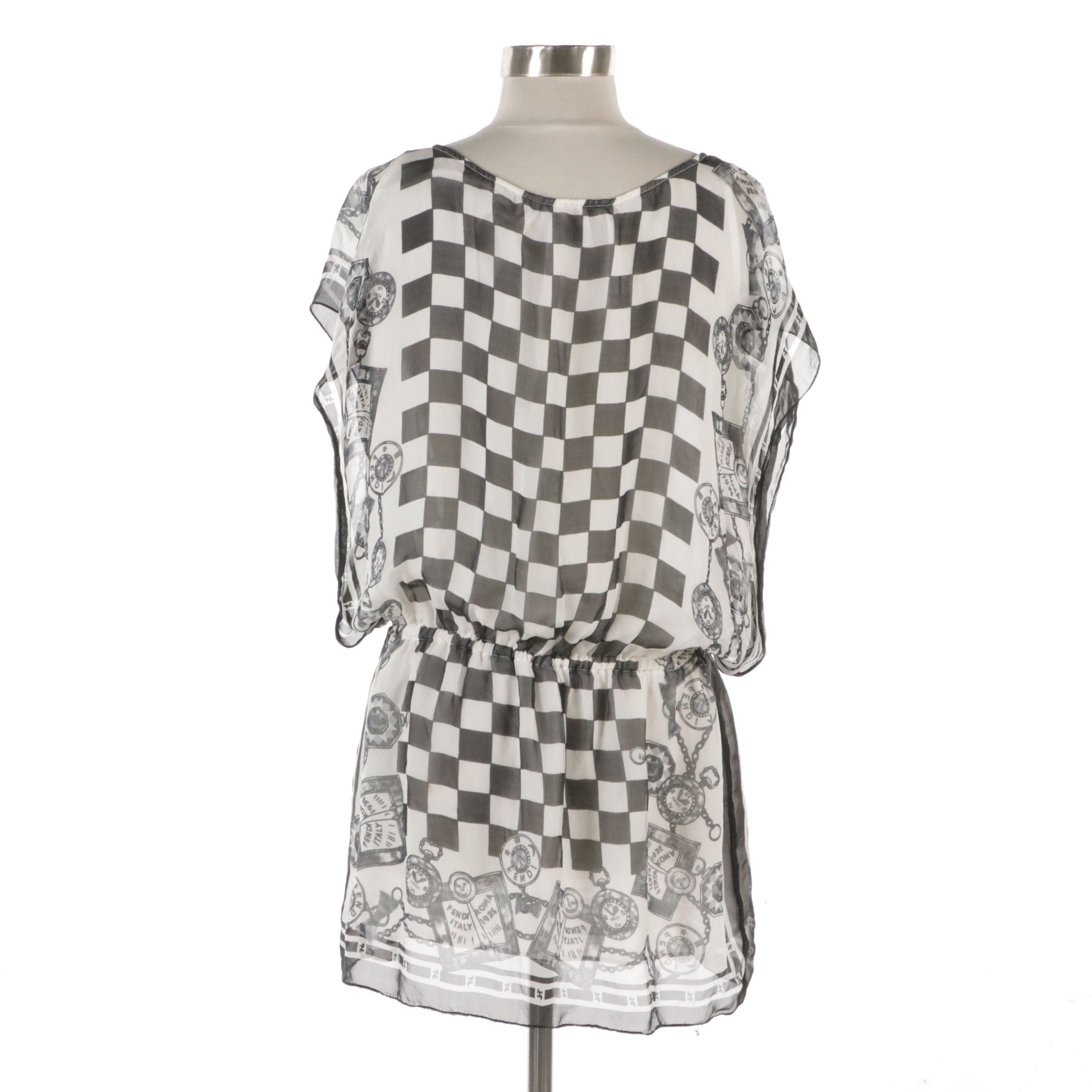 Fendi Layered Tunic Top in Semi-Sheer Logo Chain Check Silk