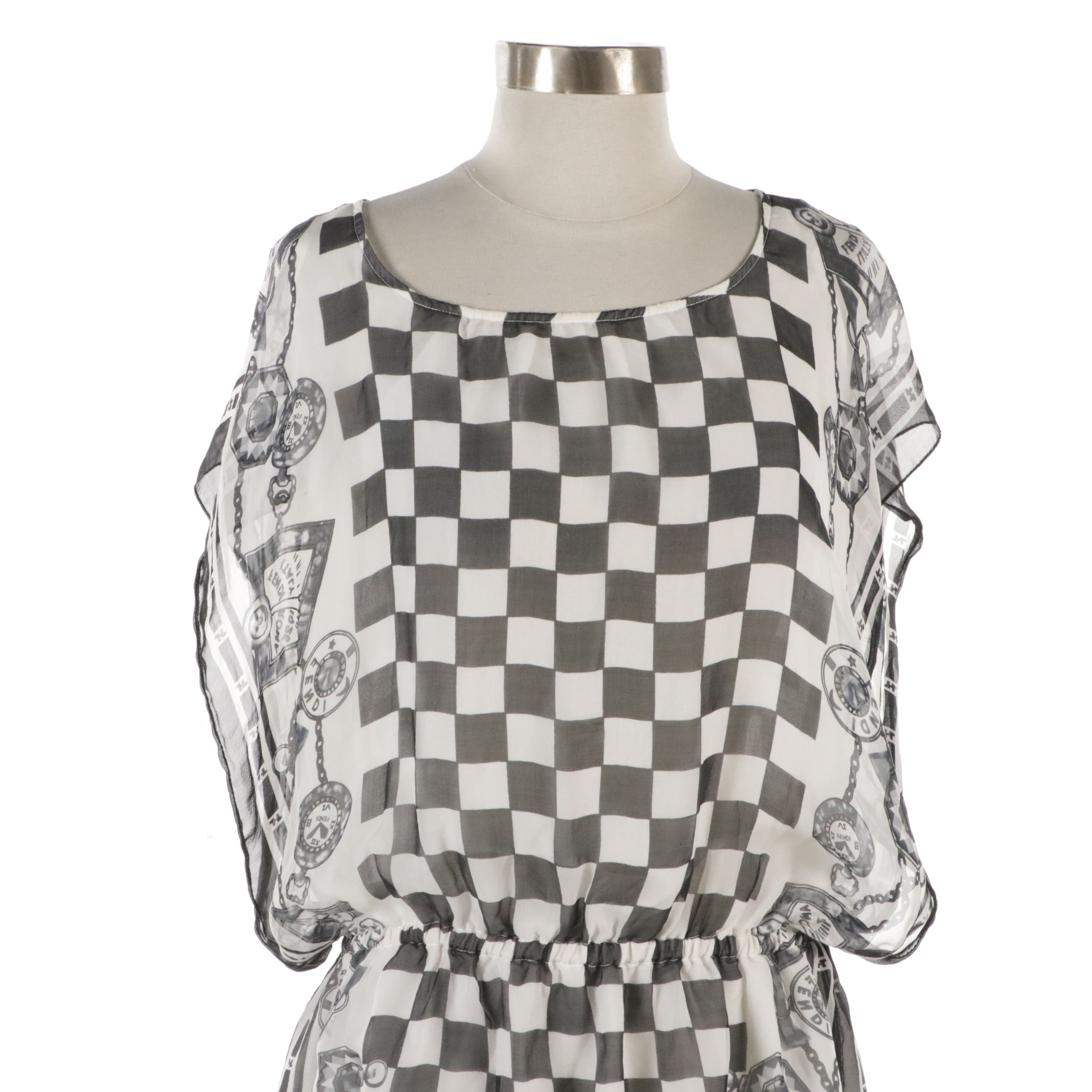 Fendi Layered Tunic Top in Semi-Sheer Logo Chain Check Silk