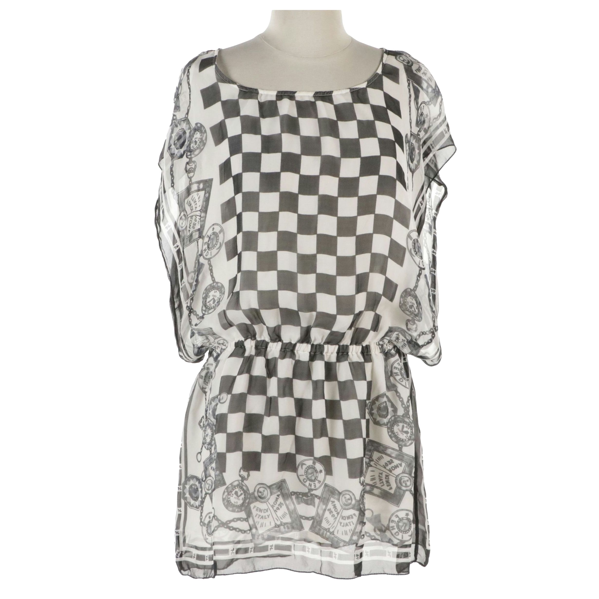 Fendi Layered Tunic Top in Semi-Sheer Logo Chain Check Silk