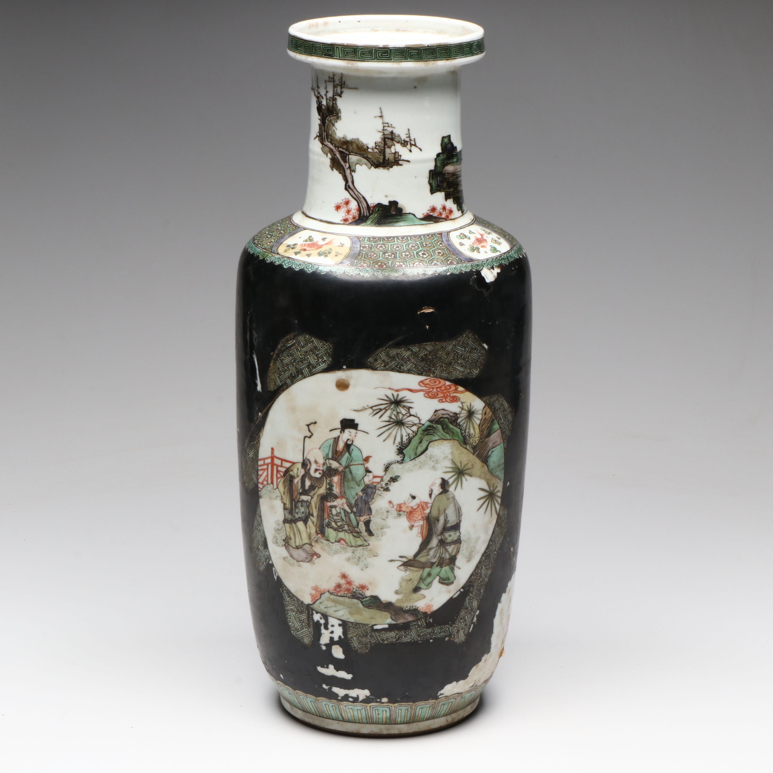 Antique Chinese Famille Noire "Eight Immortals" Rouleau Vase