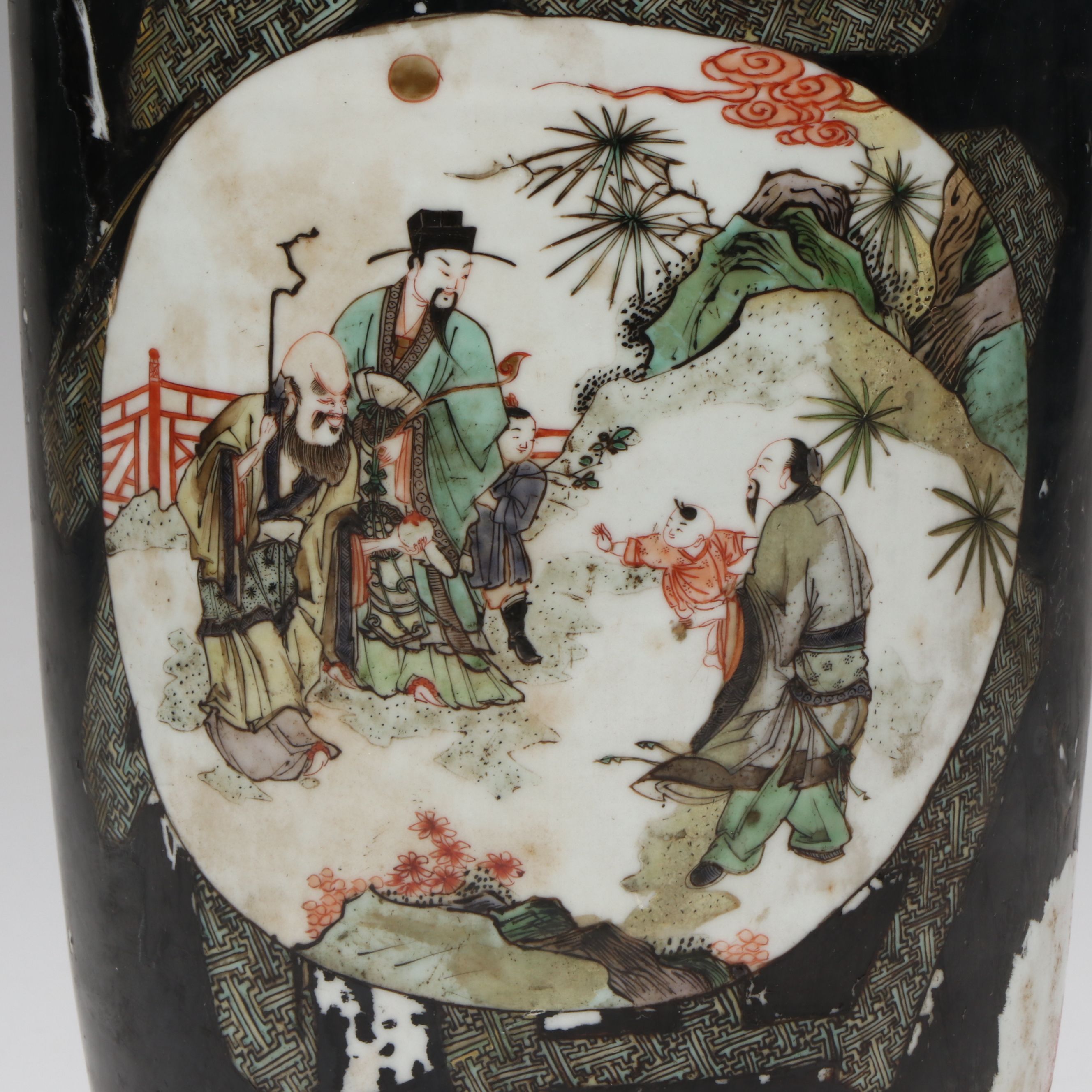 Antique Chinese Famille Noire "Eight Immortals" Rouleau Vase