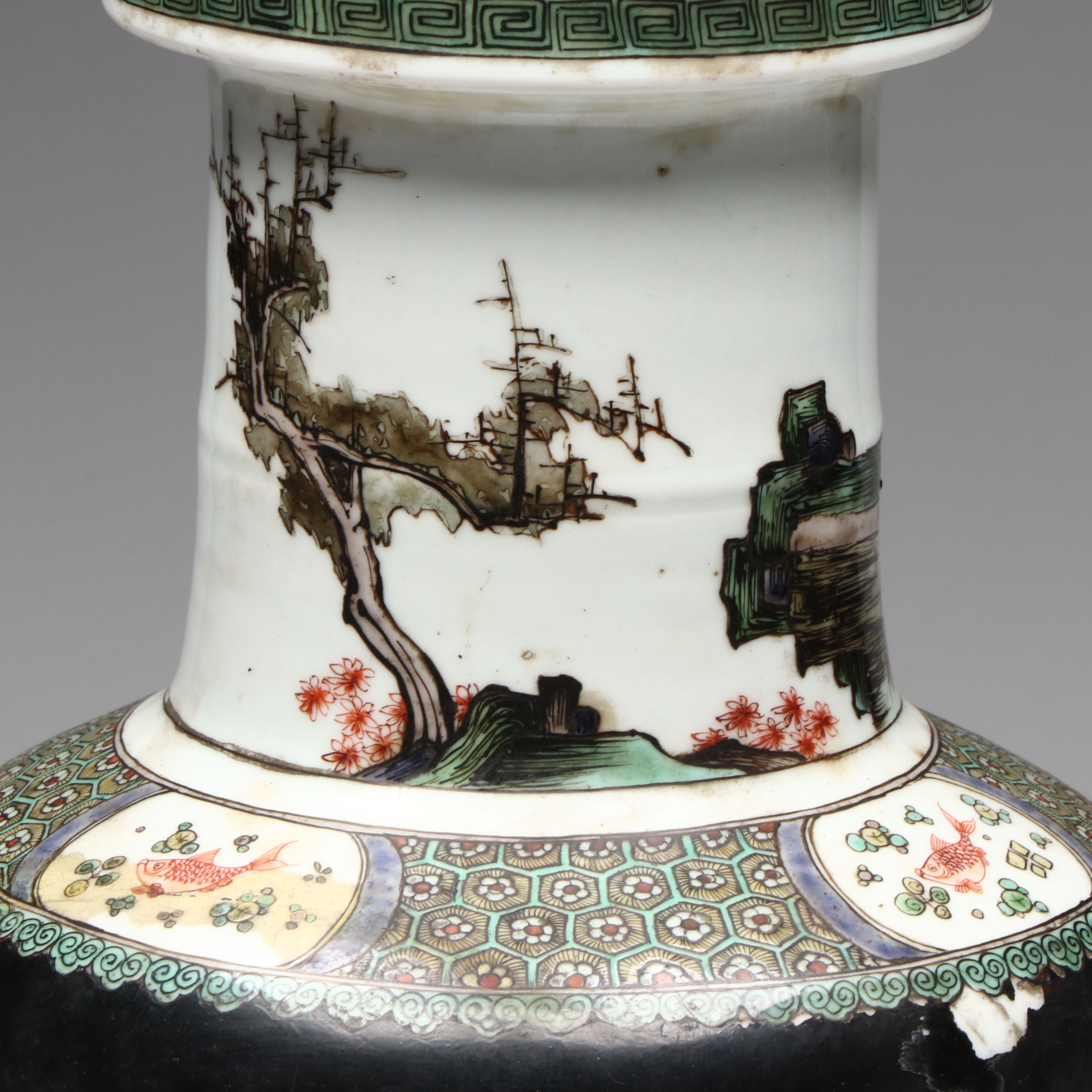 Antique Chinese Famille Noire "Eight Immortals" Rouleau Vase