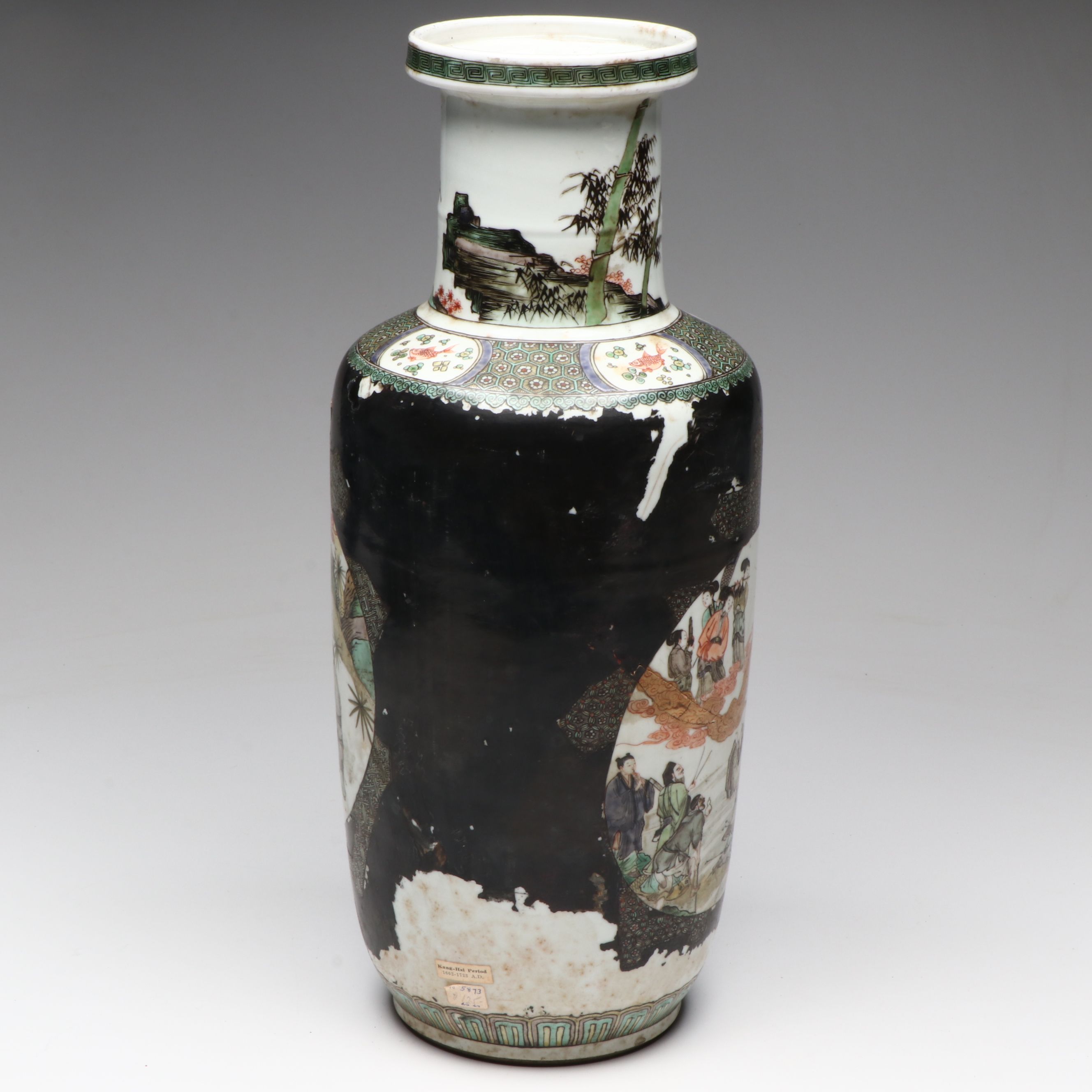 Antique Chinese Famille Noire "Eight Immortals" Rouleau Vase