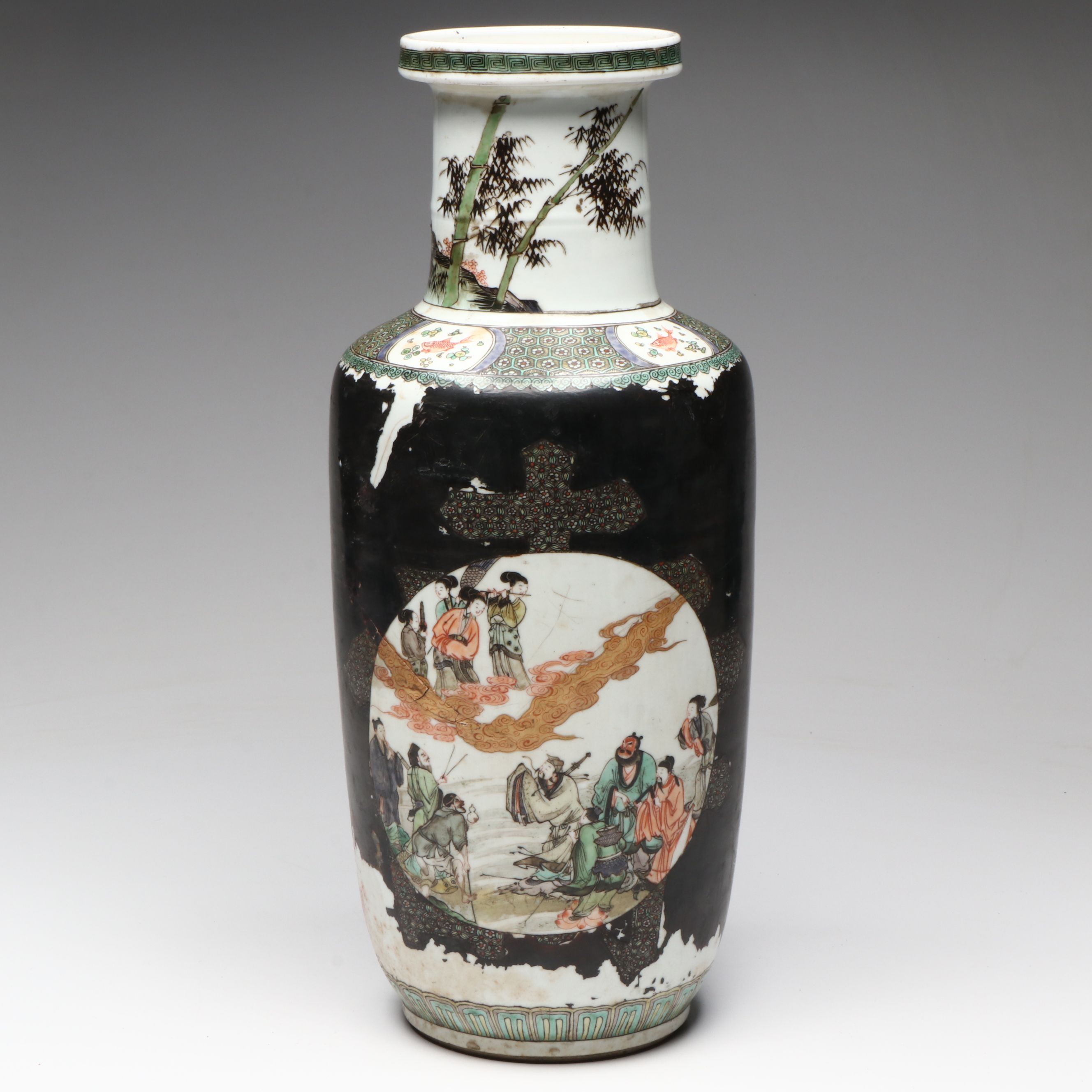 Antique Chinese Famille Noire "Eight Immortals" Rouleau Vase