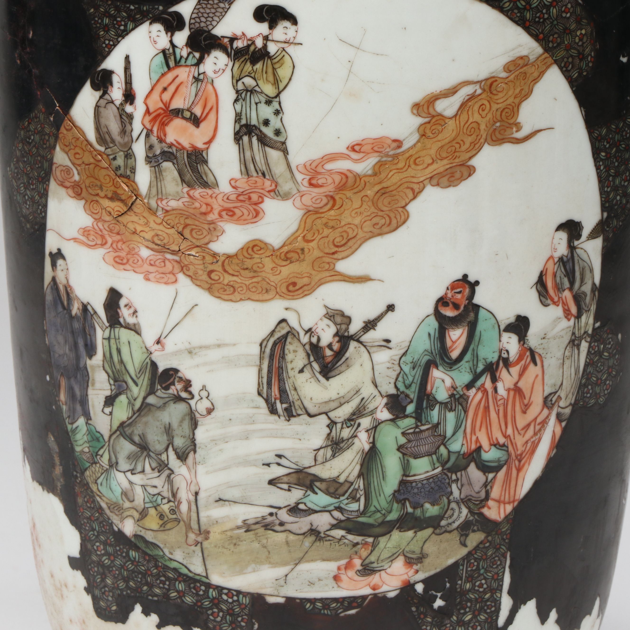 Antique Chinese Famille Noire "Eight Immortals" Rouleau Vase