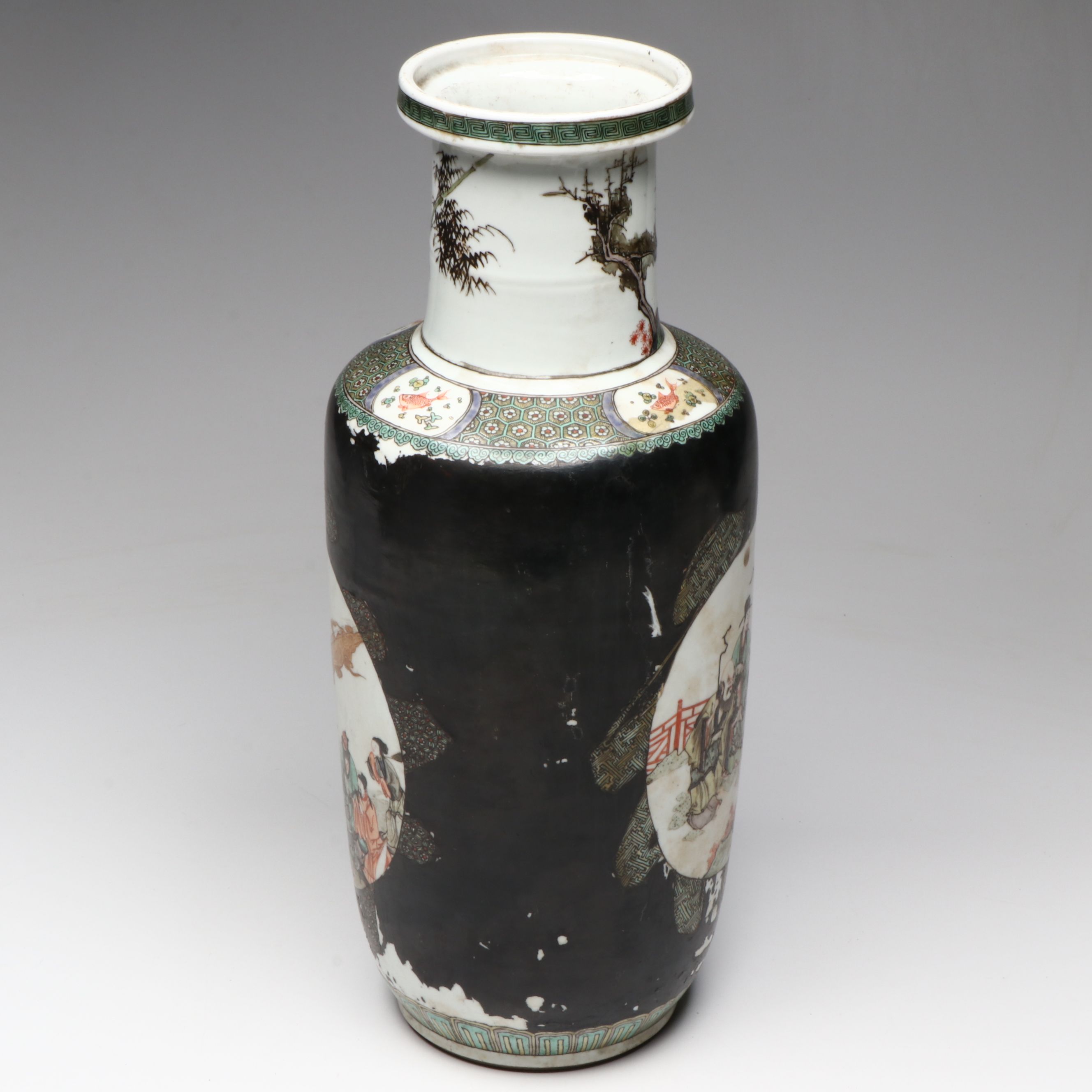 Antique Chinese Famille Noire "Eight Immortals" Rouleau Vase