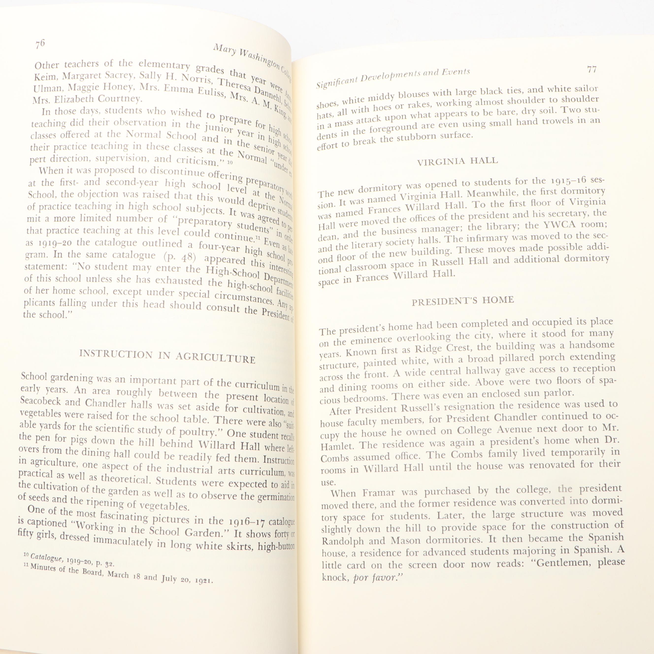 First Edition "History of Mary Washington College" by Edward Alvey Jr., 1974