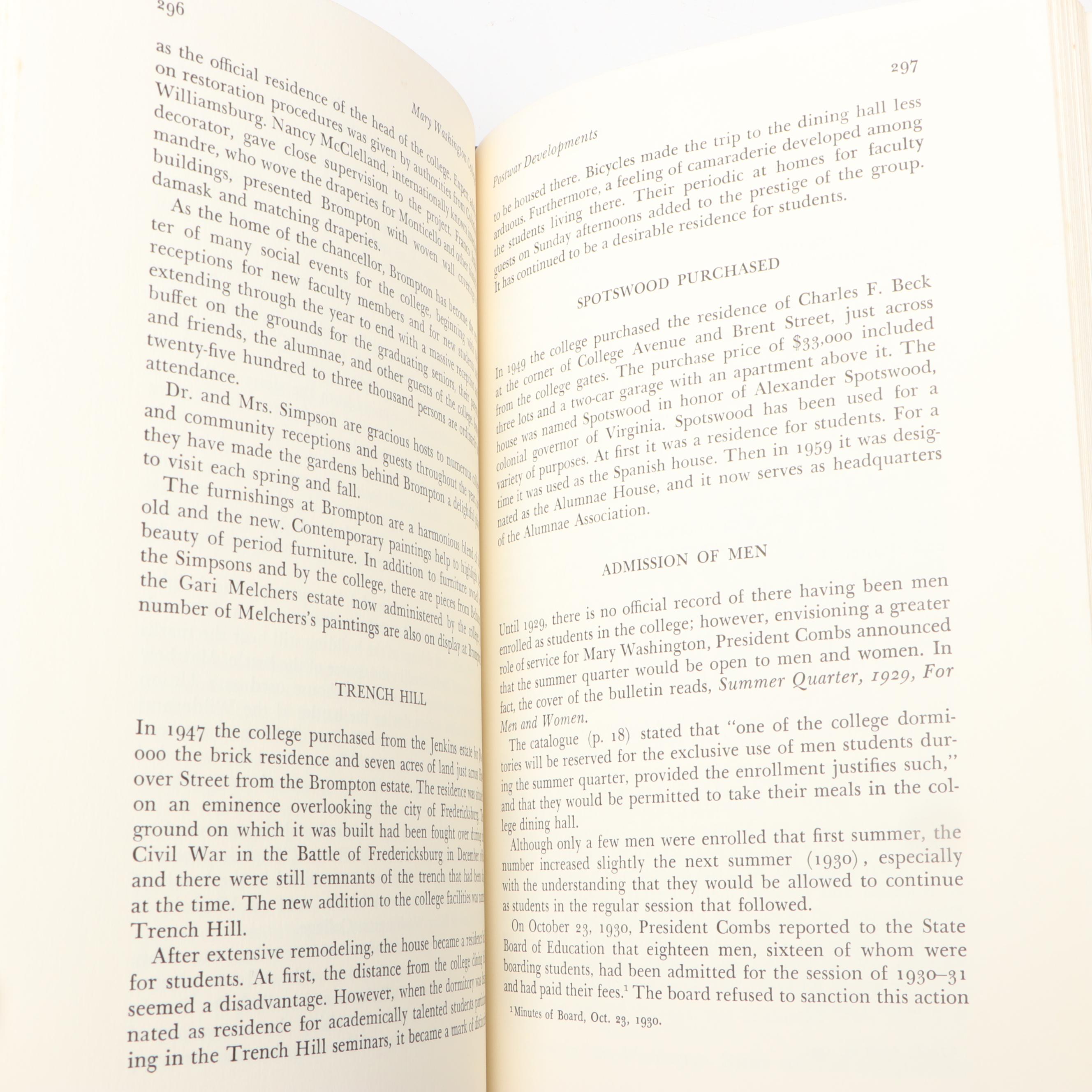 First Edition "History of Mary Washington College" by Edward Alvey Jr., 1974