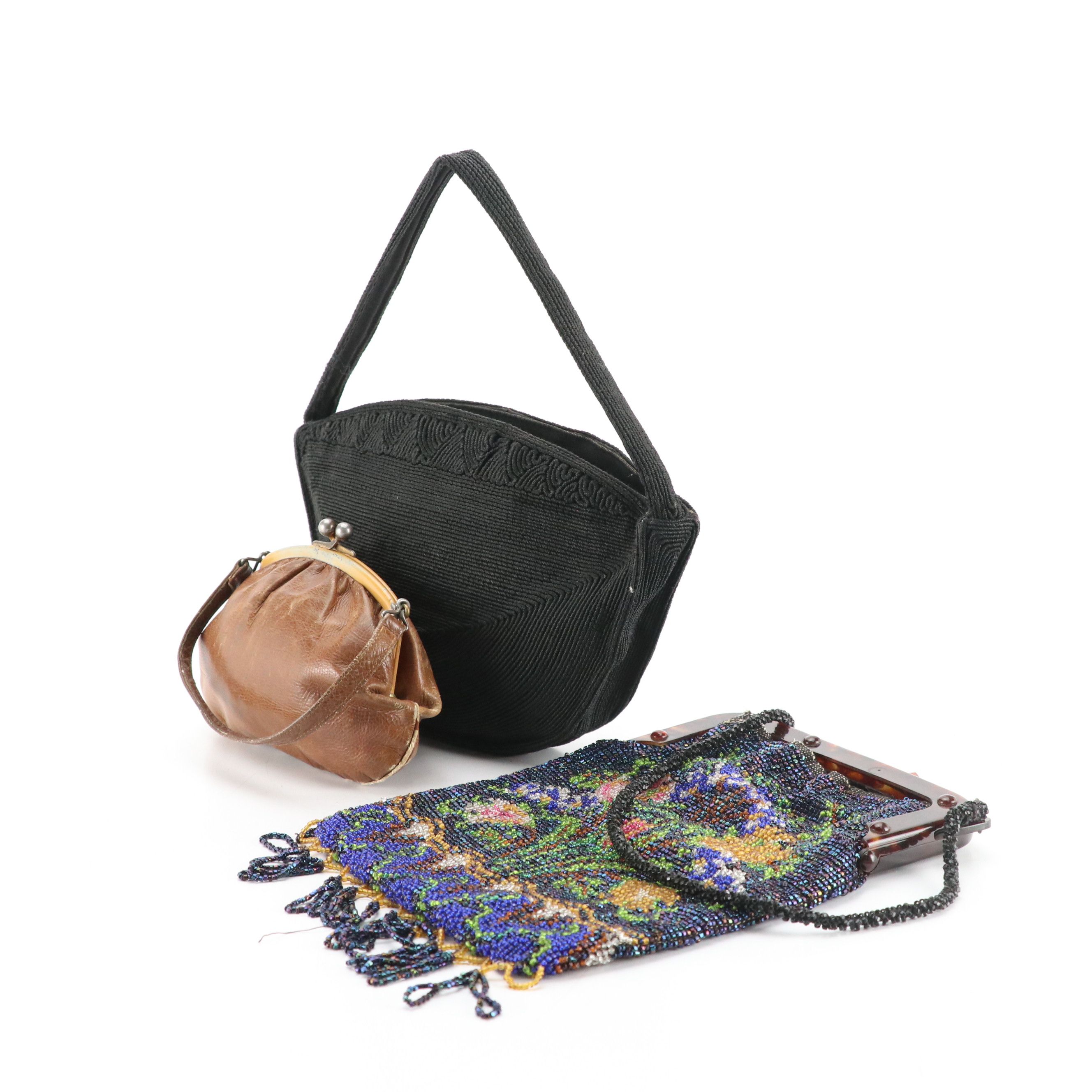 Vintage "Little Lady" Leather Kiss-Lock Pouch, Floral Beaded Frame Bag, More