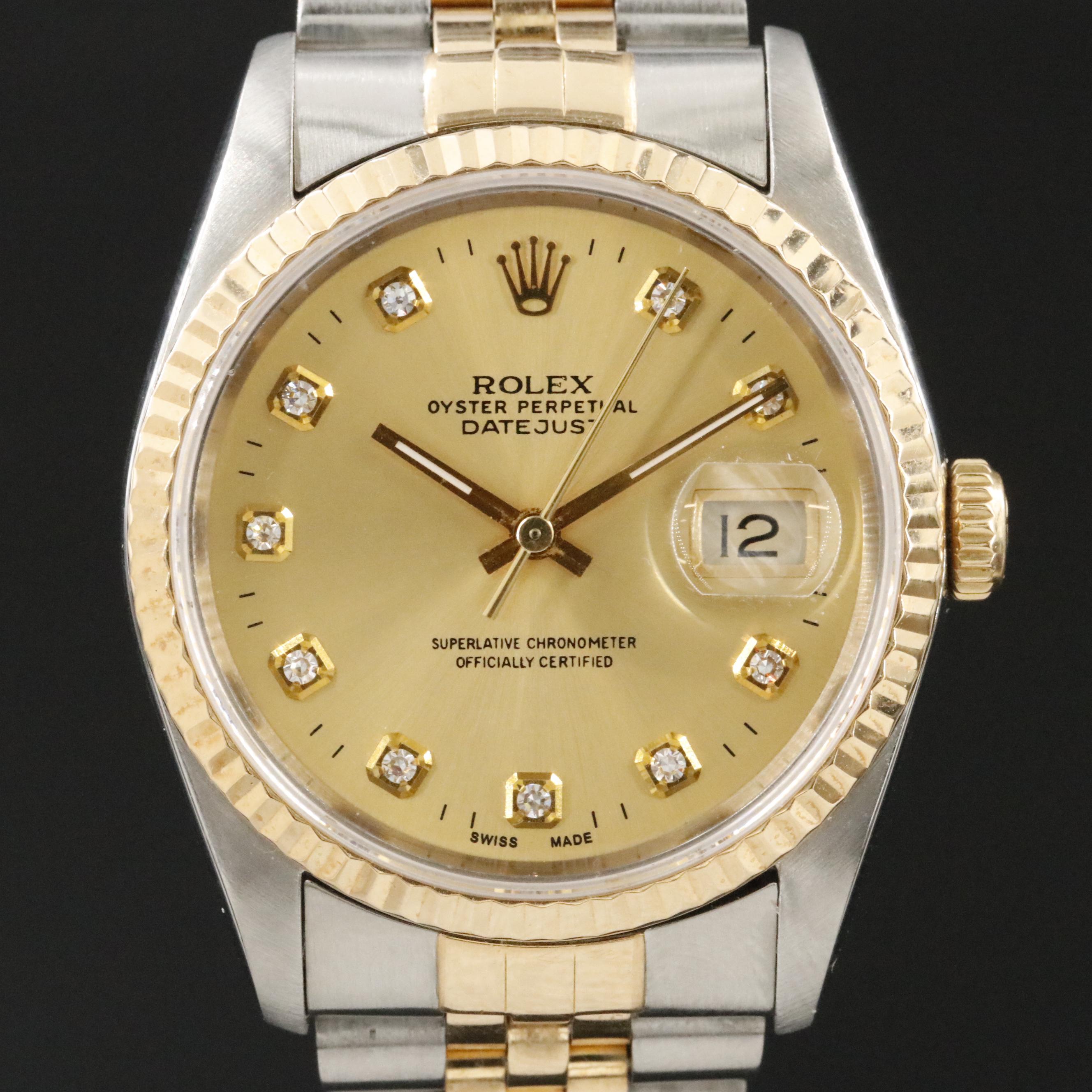 1991 Rolex Custom Diamond Dial Steel & Gold 36mm Datejust 16233 Watch
