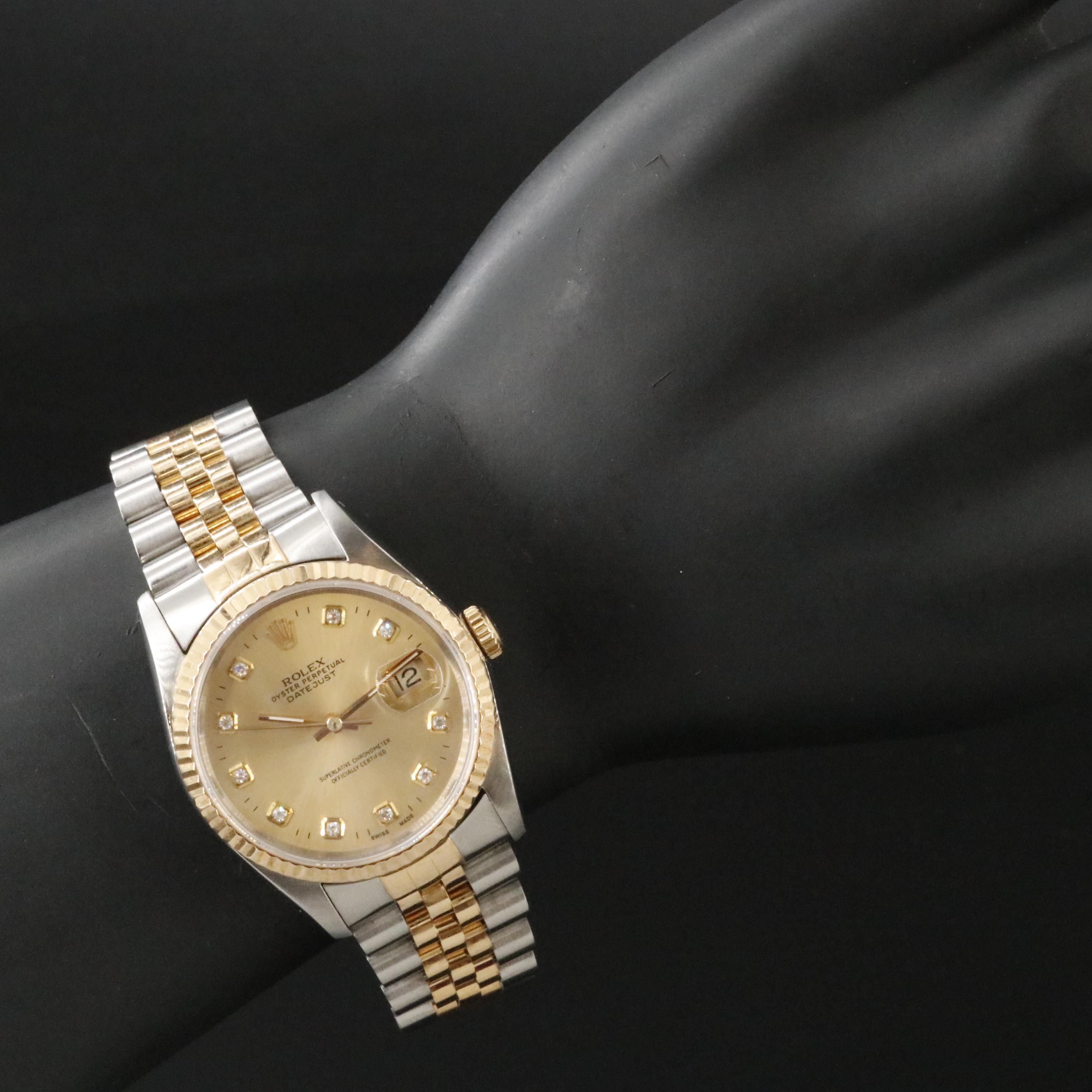 1991 Rolex Custom Diamond Dial Steel & Gold 36mm Datejust 16233 Watch