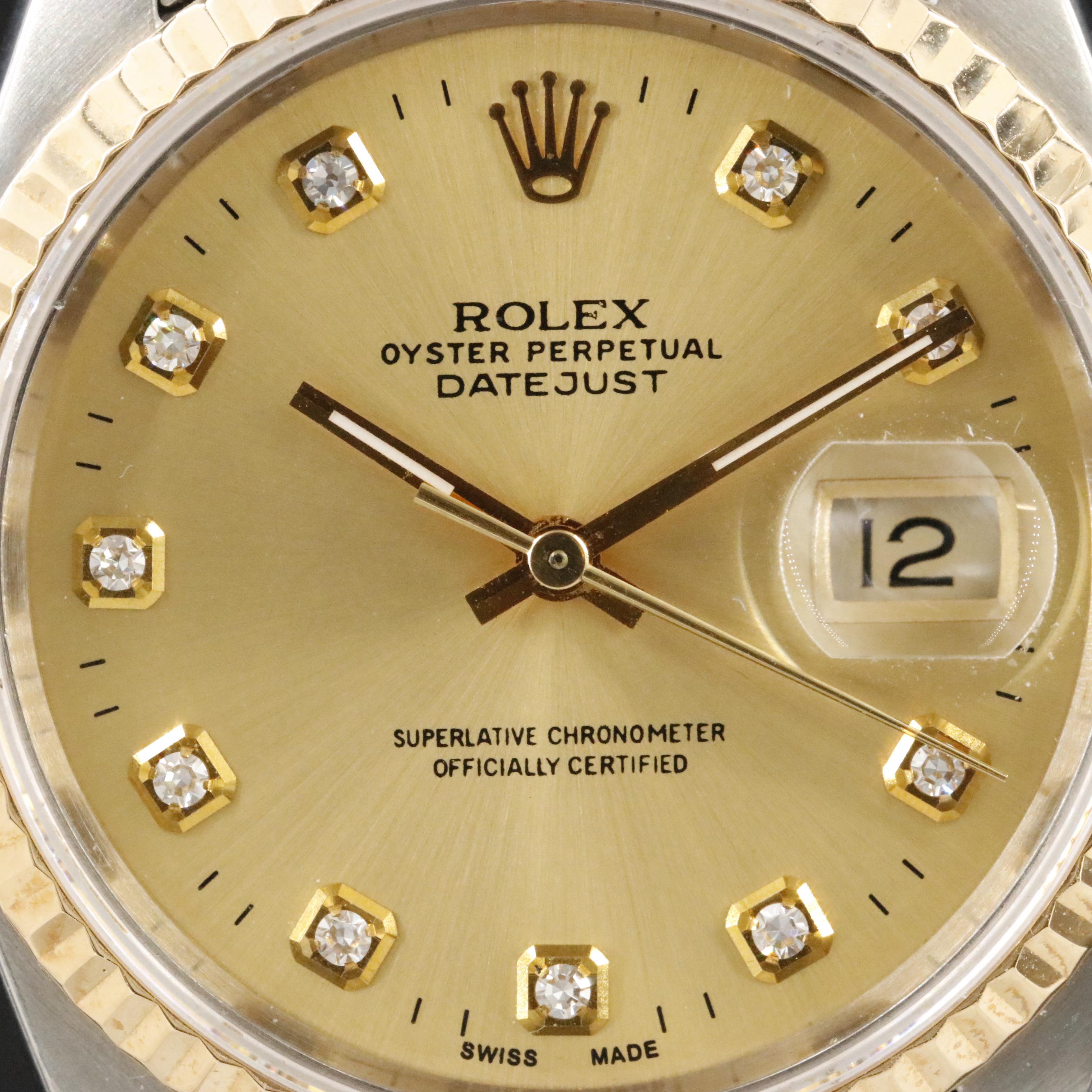 1991 Rolex Custom Diamond Dial Steel & Gold 36mm Datejust 16233 Watch