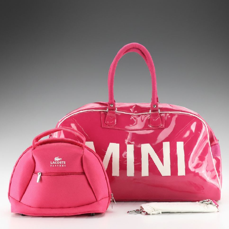 Mini Cooper Promotional Large Pink PVC Duffel Bag and Lacoste Parfums Travel Bag