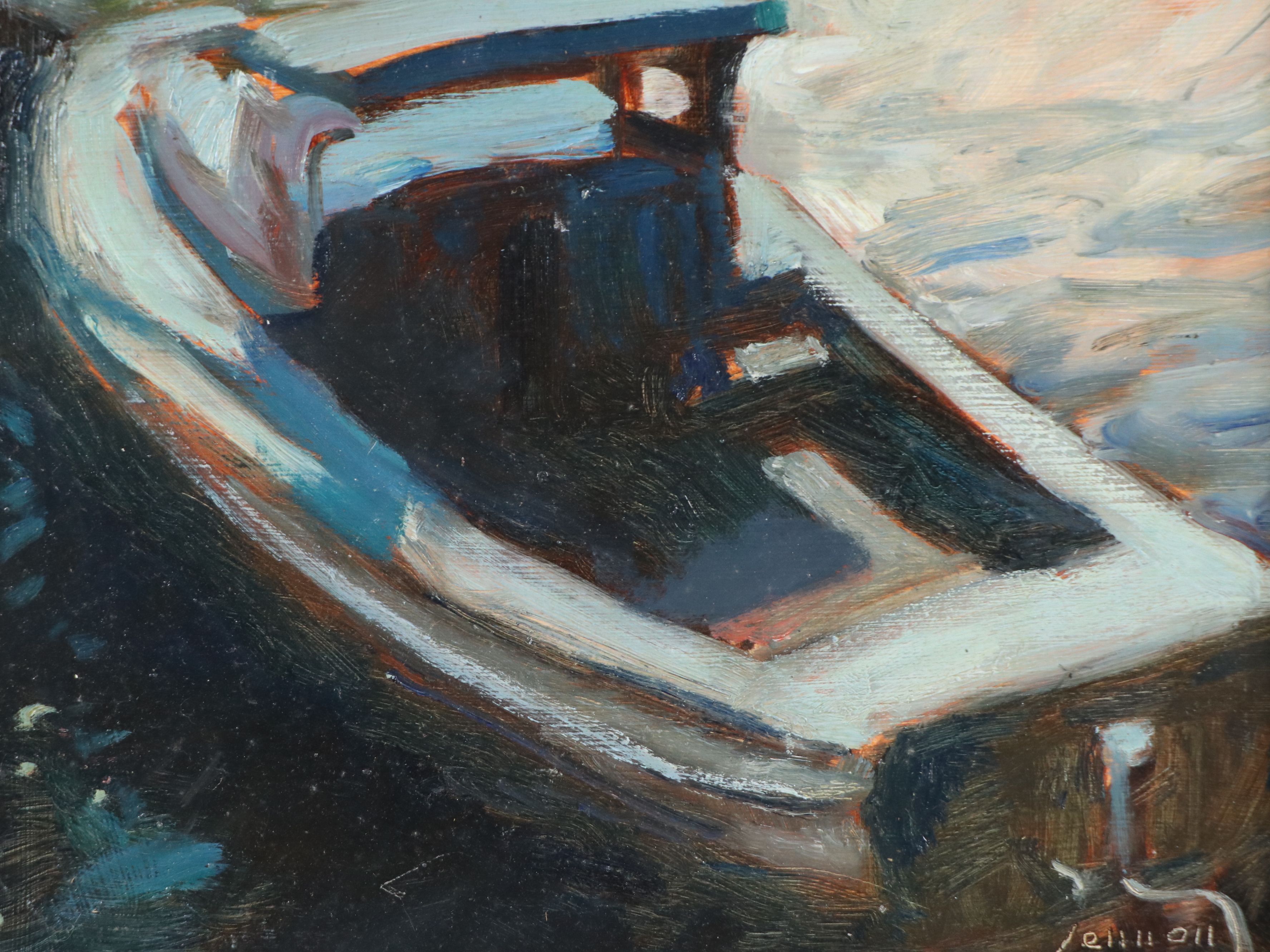 Bernard Lennon Dark Oil Painting of Small Boat, Mid-20th Century