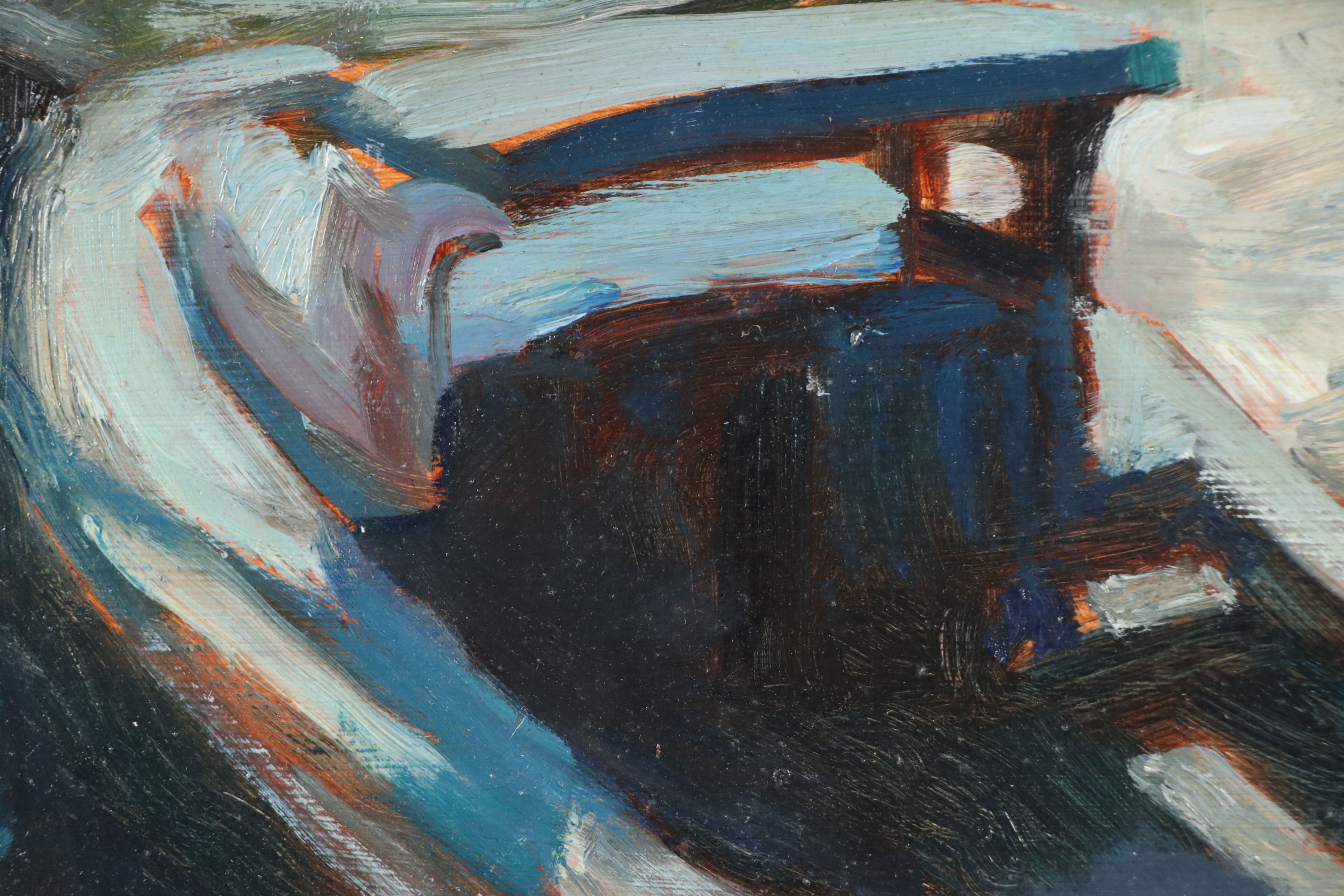 Bernard Lennon Dark Oil Painting of Small Boat, Mid-20th Century