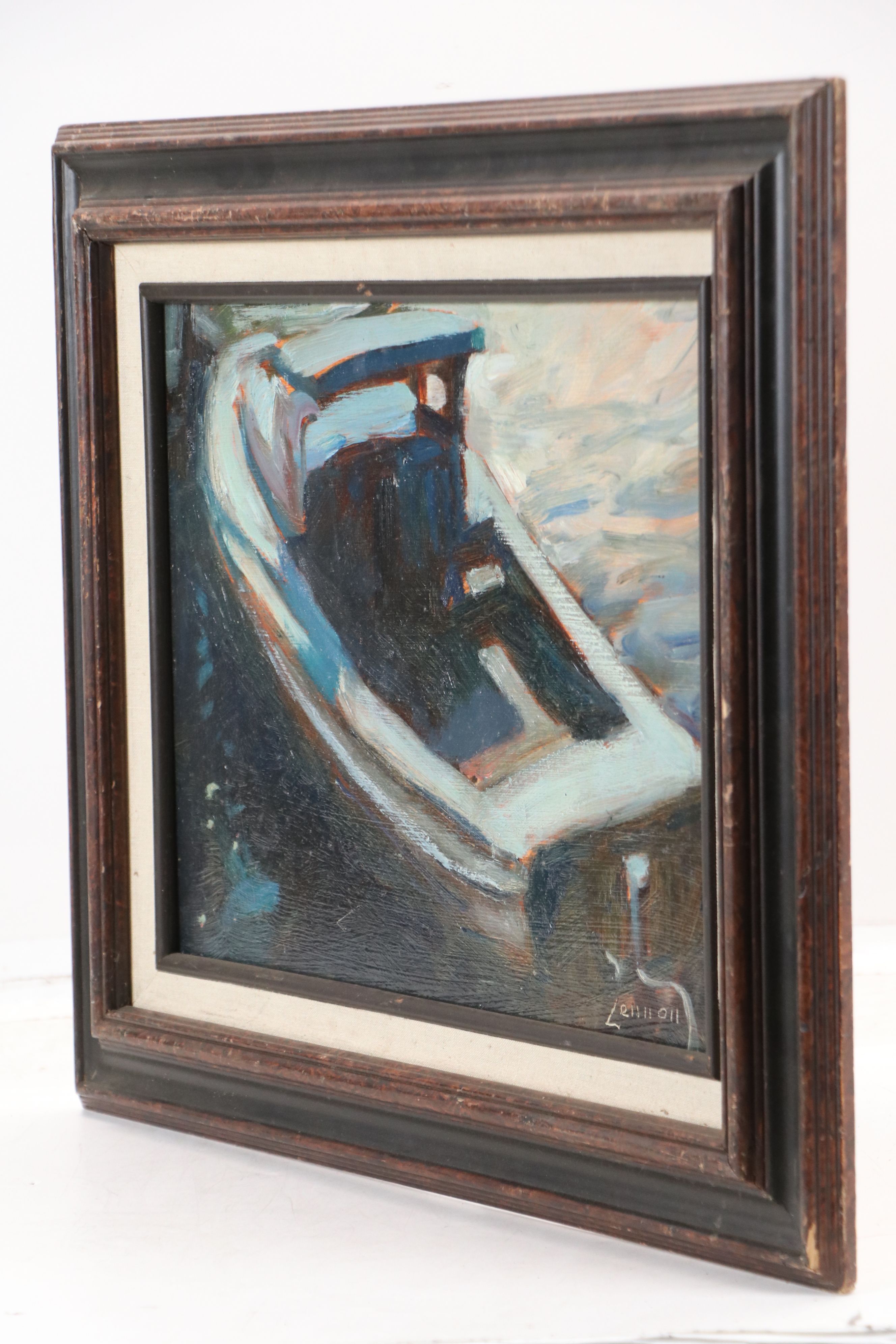 Bernard Lennon Dark Oil Painting of Small Boat, Mid-20th Century