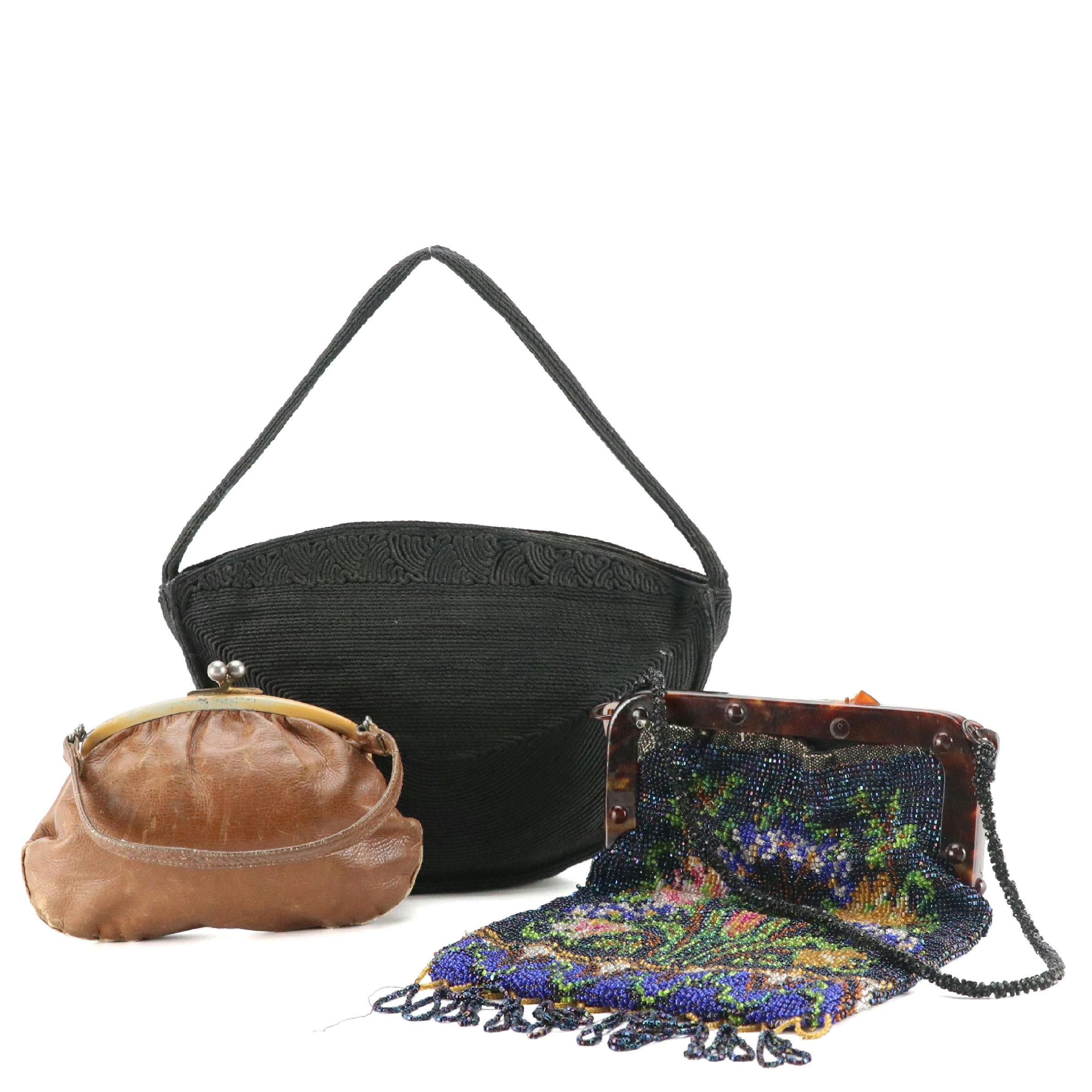 Vintage "Little Lady" Leather Kiss-Lock Pouch, Floral Beaded Frame Bag, More