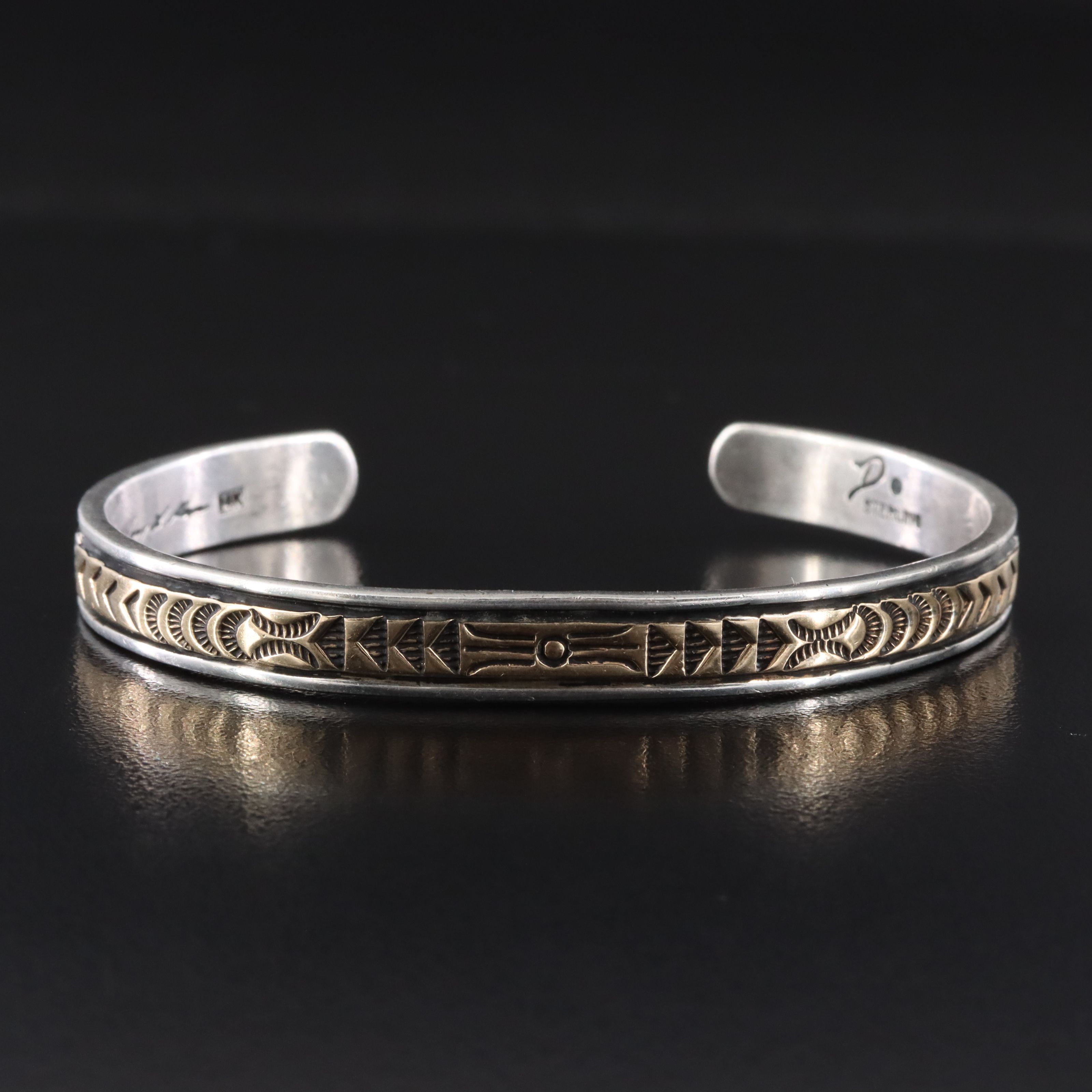 Larry L. Kaye Navajo Diné for D'Anze Limited Sterling & 14K Stampwork Bracelet