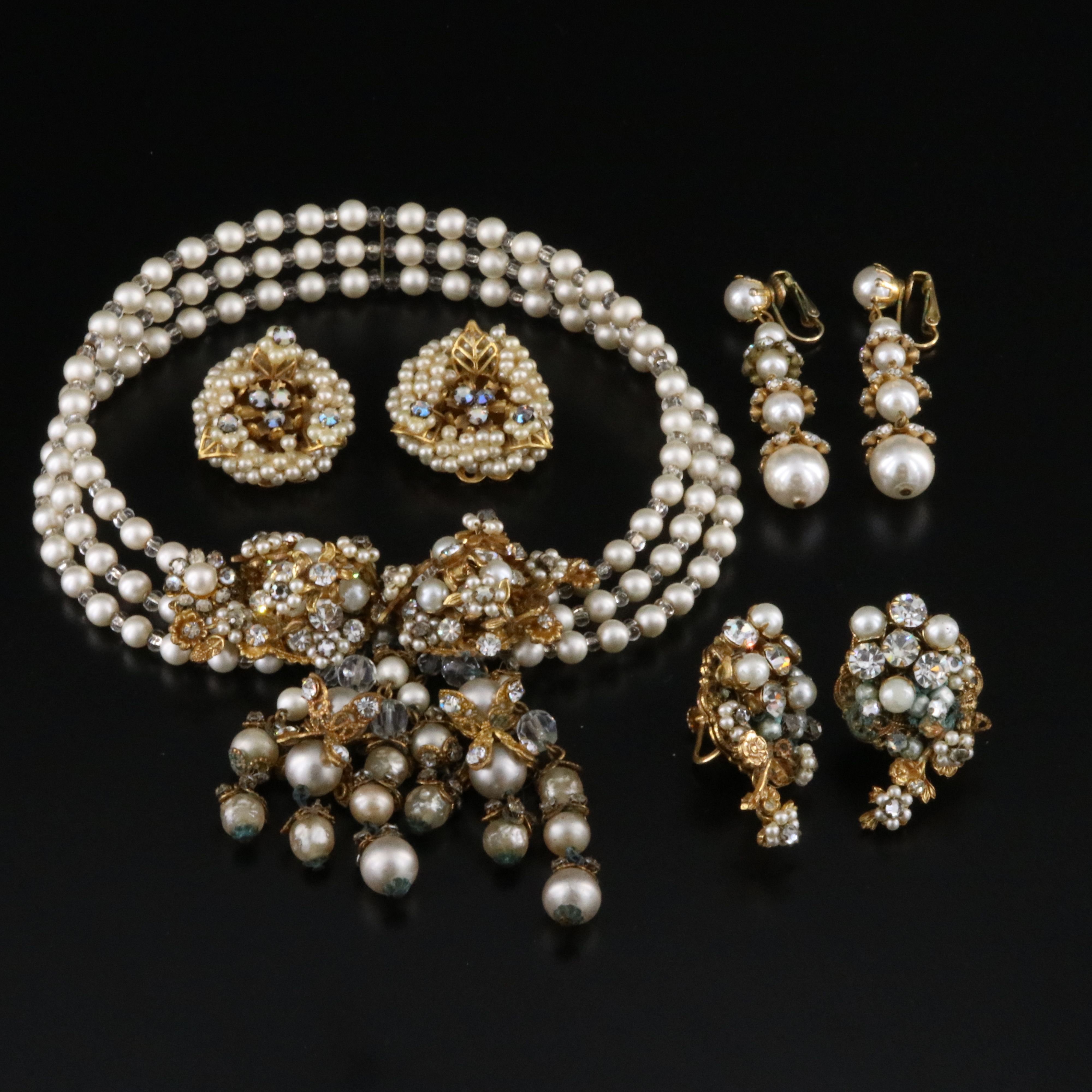 Vintage Faux Pearl and Rhinestone Collar Necklace and Earrings