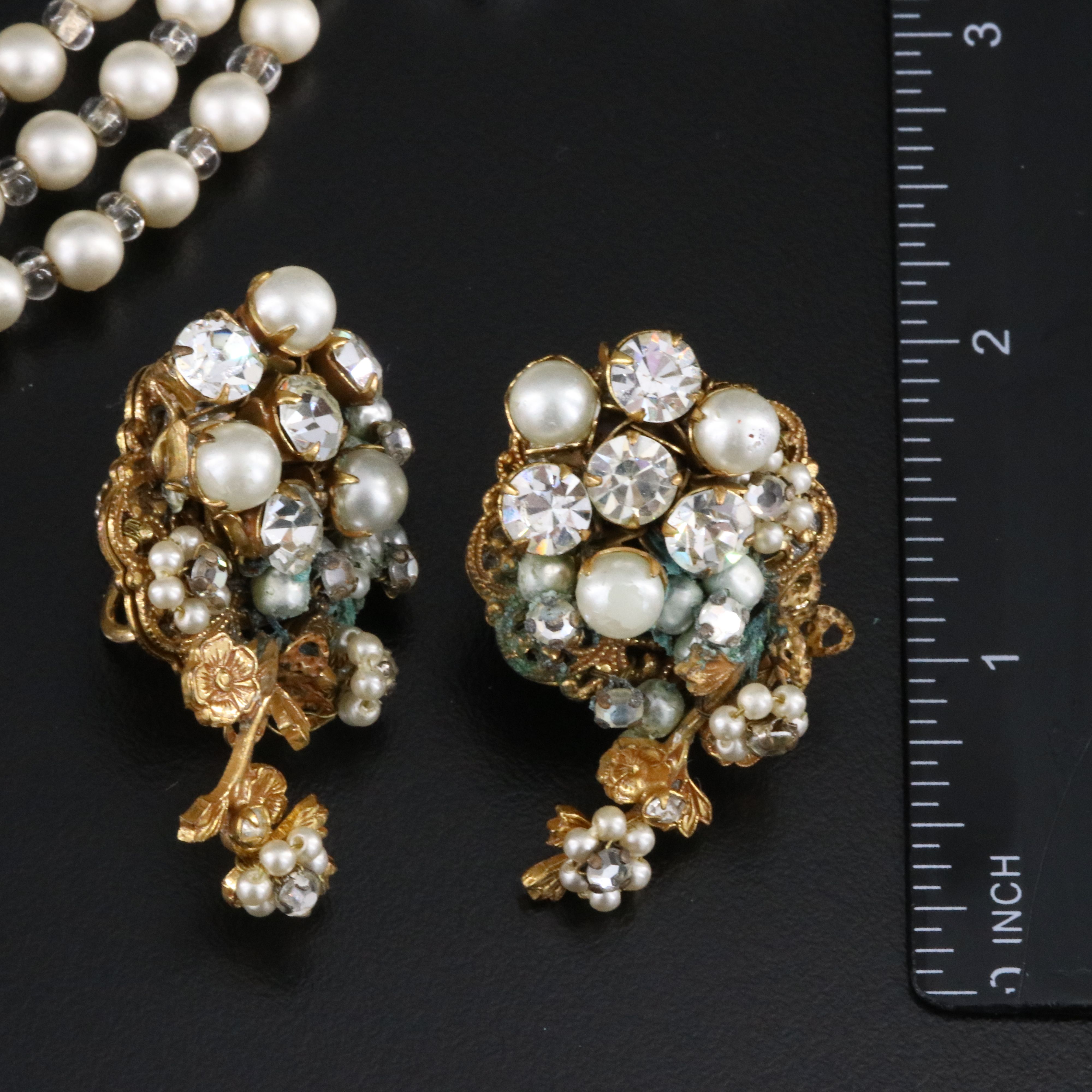 Vintage Faux Pearl and Rhinestone Collar Necklace and Earrings