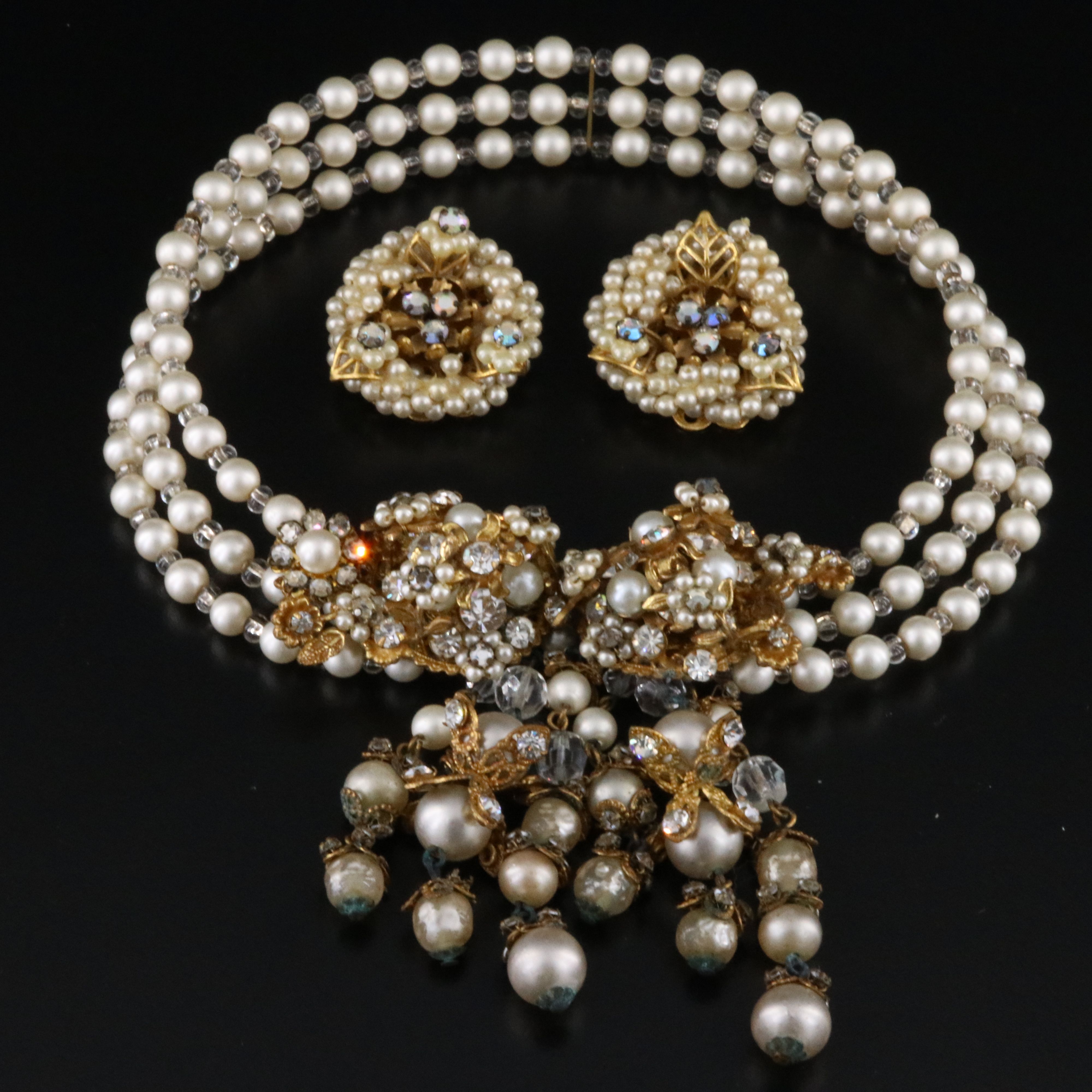 Vintage Faux Pearl and Rhinestone Collar Necklace and Earrings