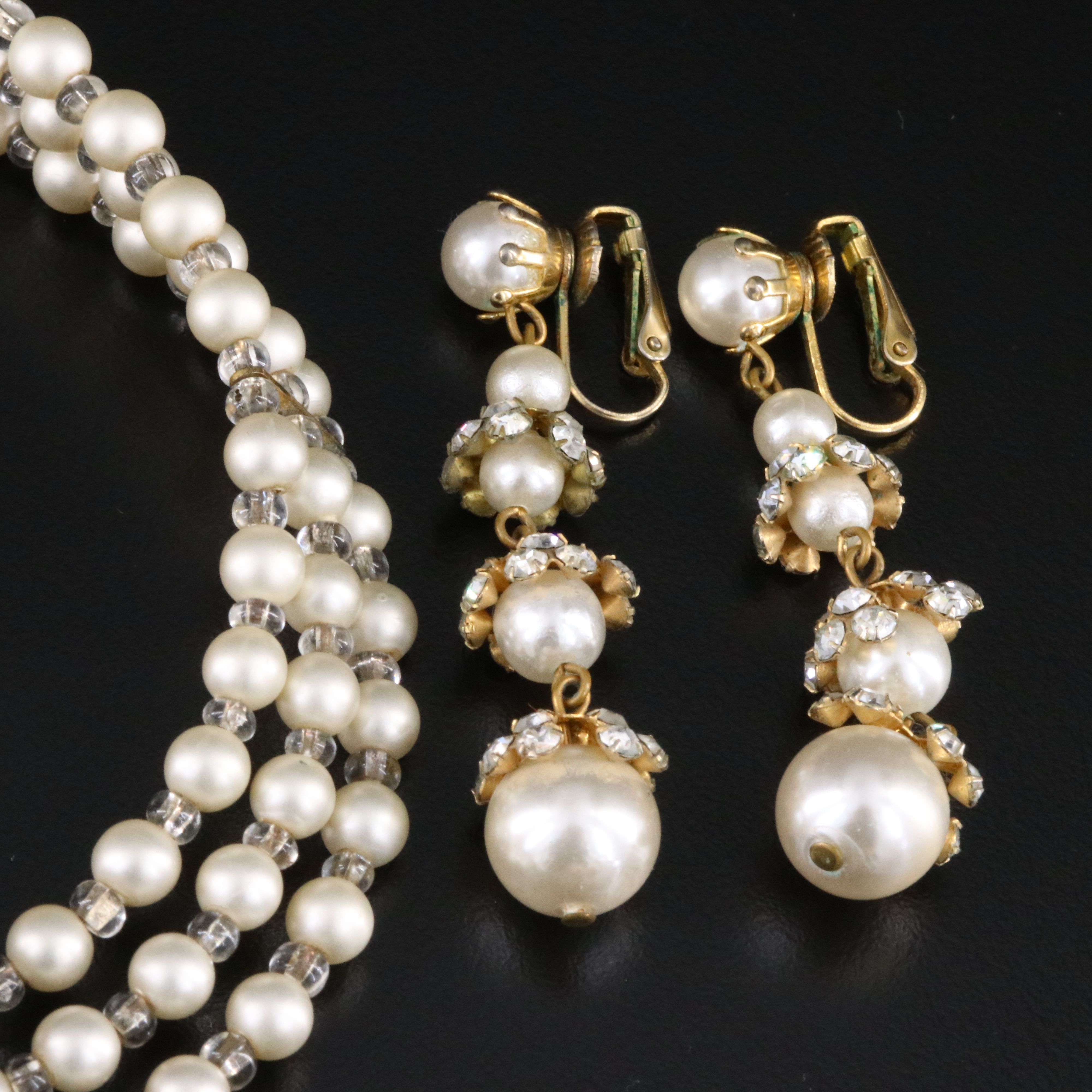 Vintage Faux Pearl and Rhinestone Collar Necklace and Earrings