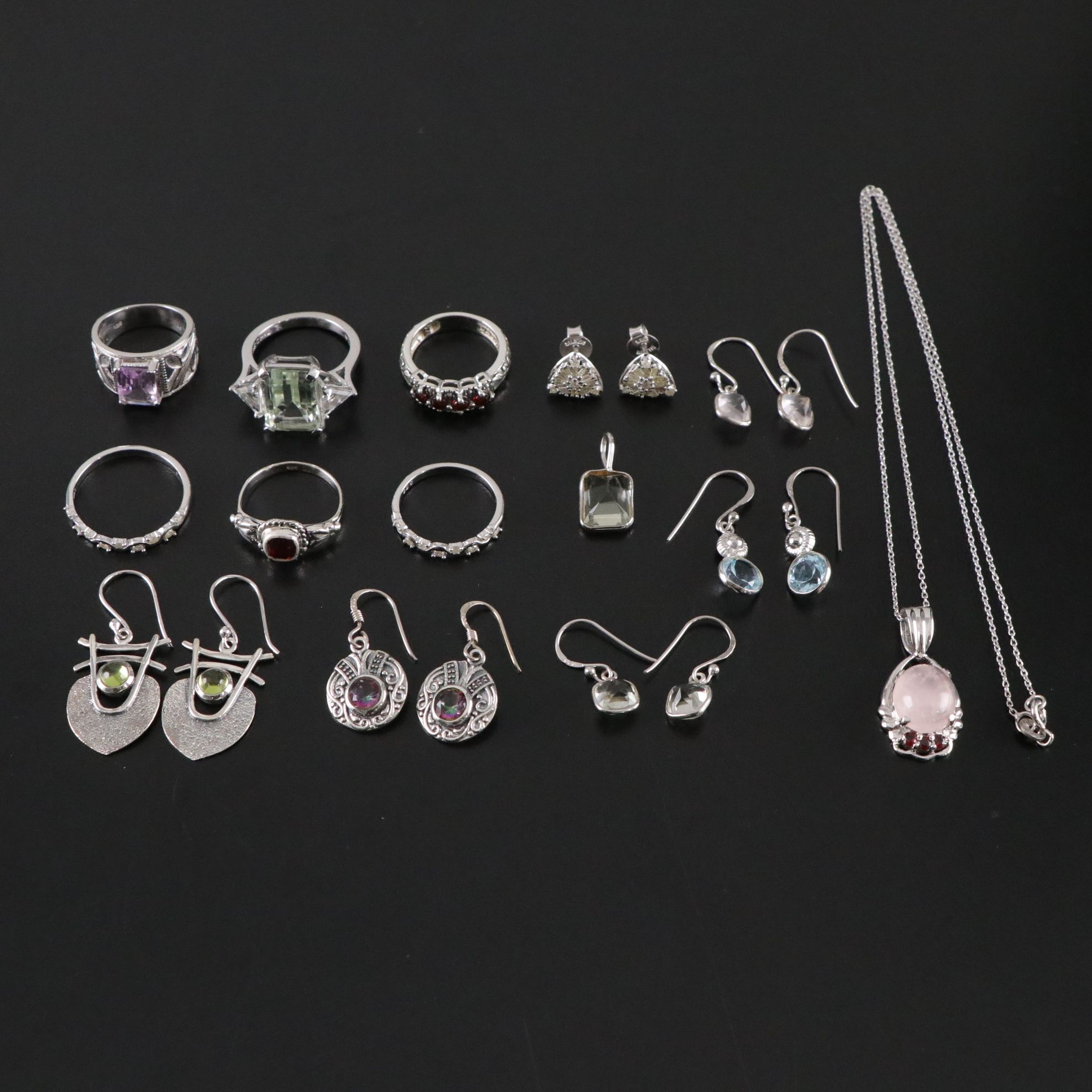 14 Assorted Sterling Silver Rings, Earrings and Necklace
