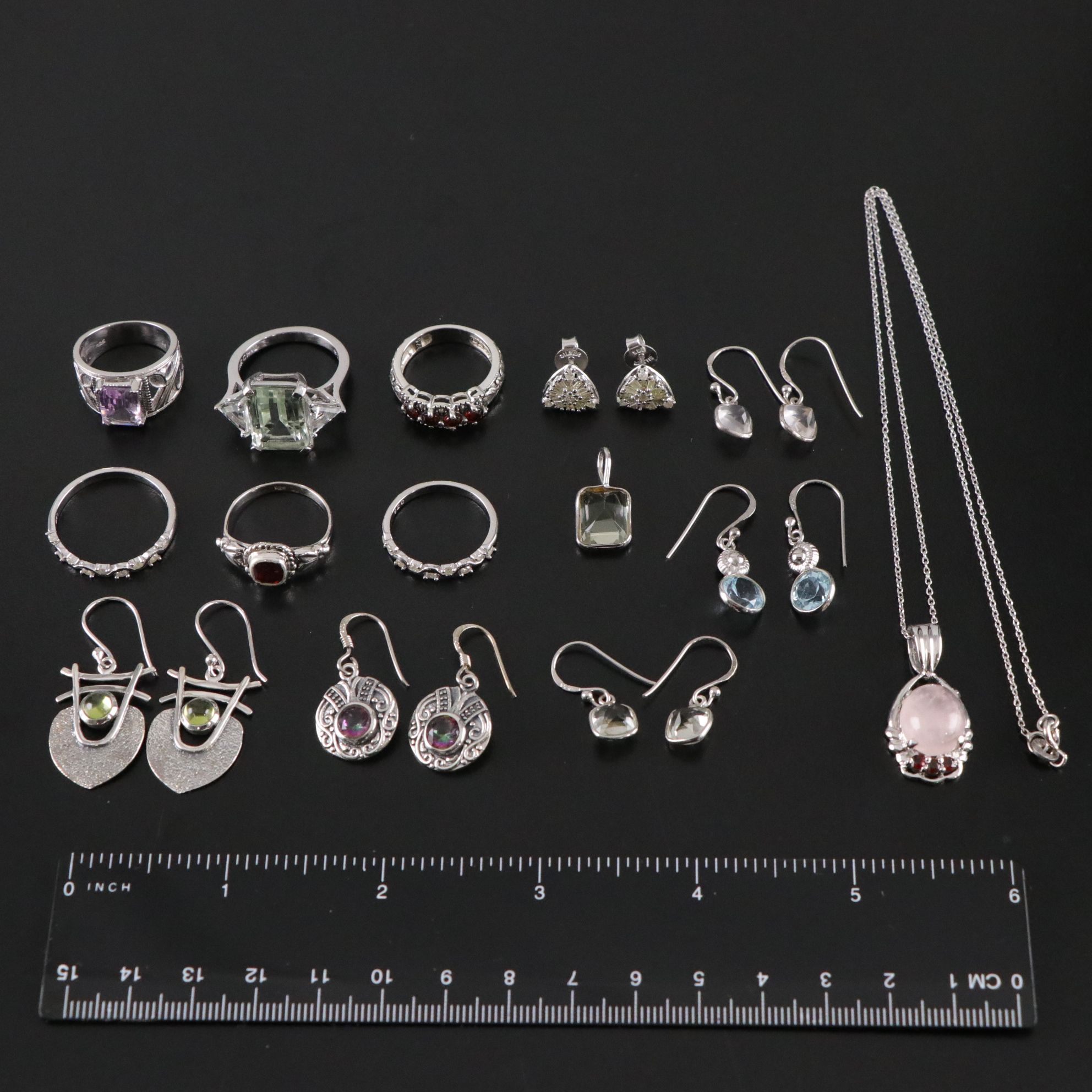 14 Assorted Sterling Silver Rings, Earrings and Necklace