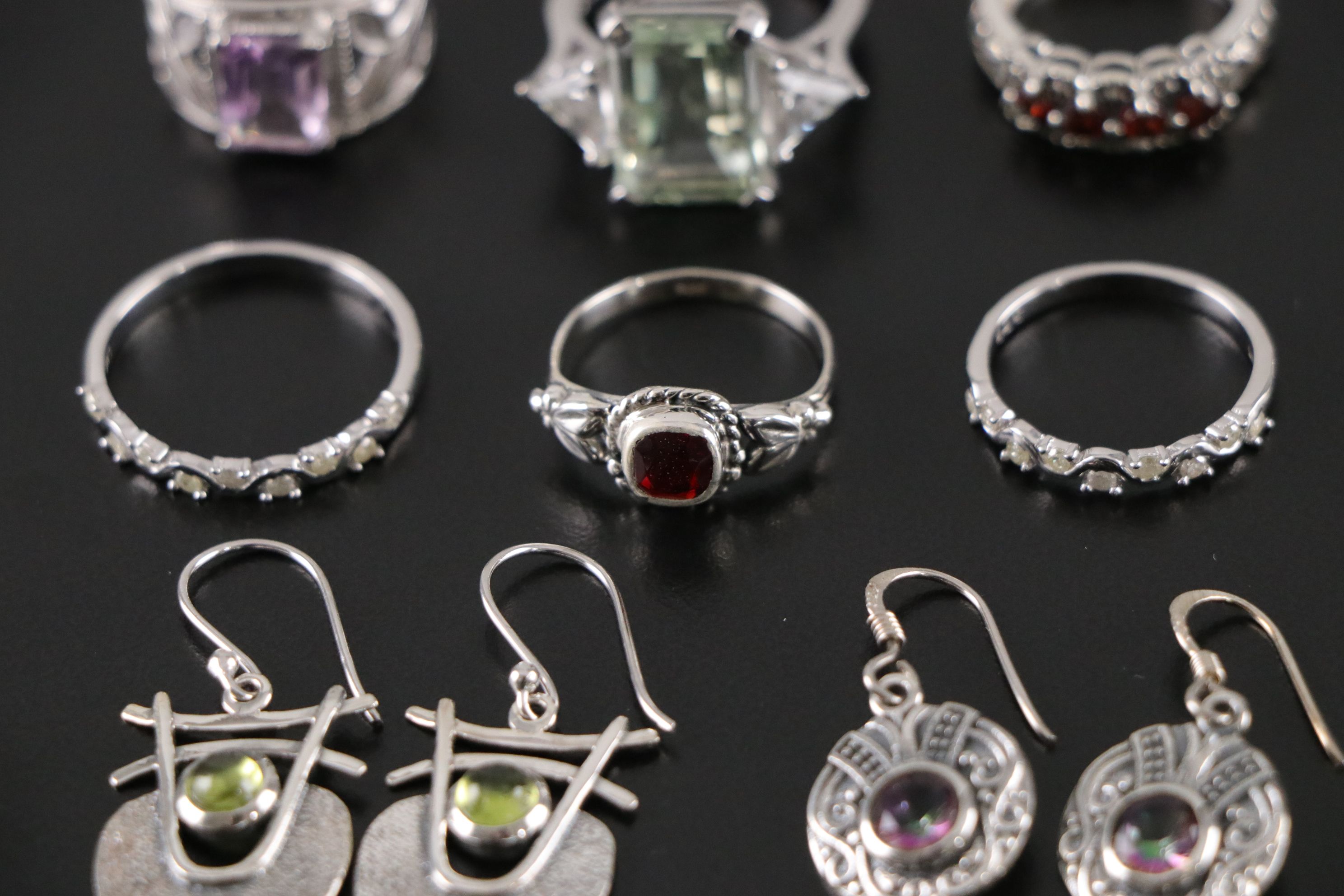 14 Assorted Sterling Silver Rings, Earrings and Necklace