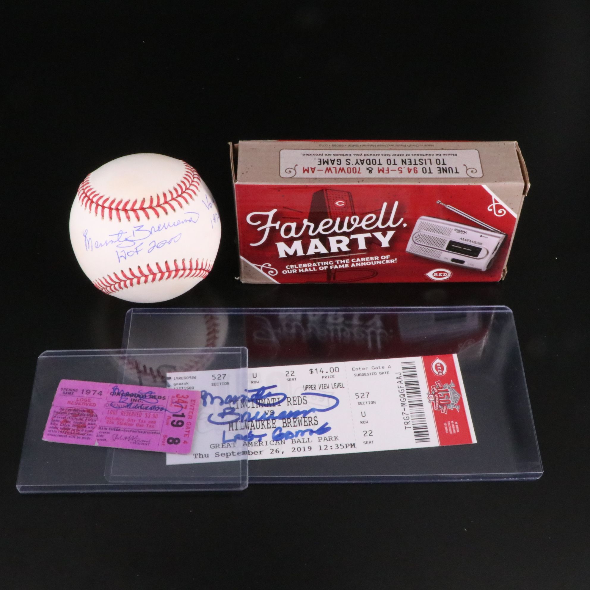 Marty Breennaman Signed Fiirst and Last Cincinnati Reds Ticket Stubs with More