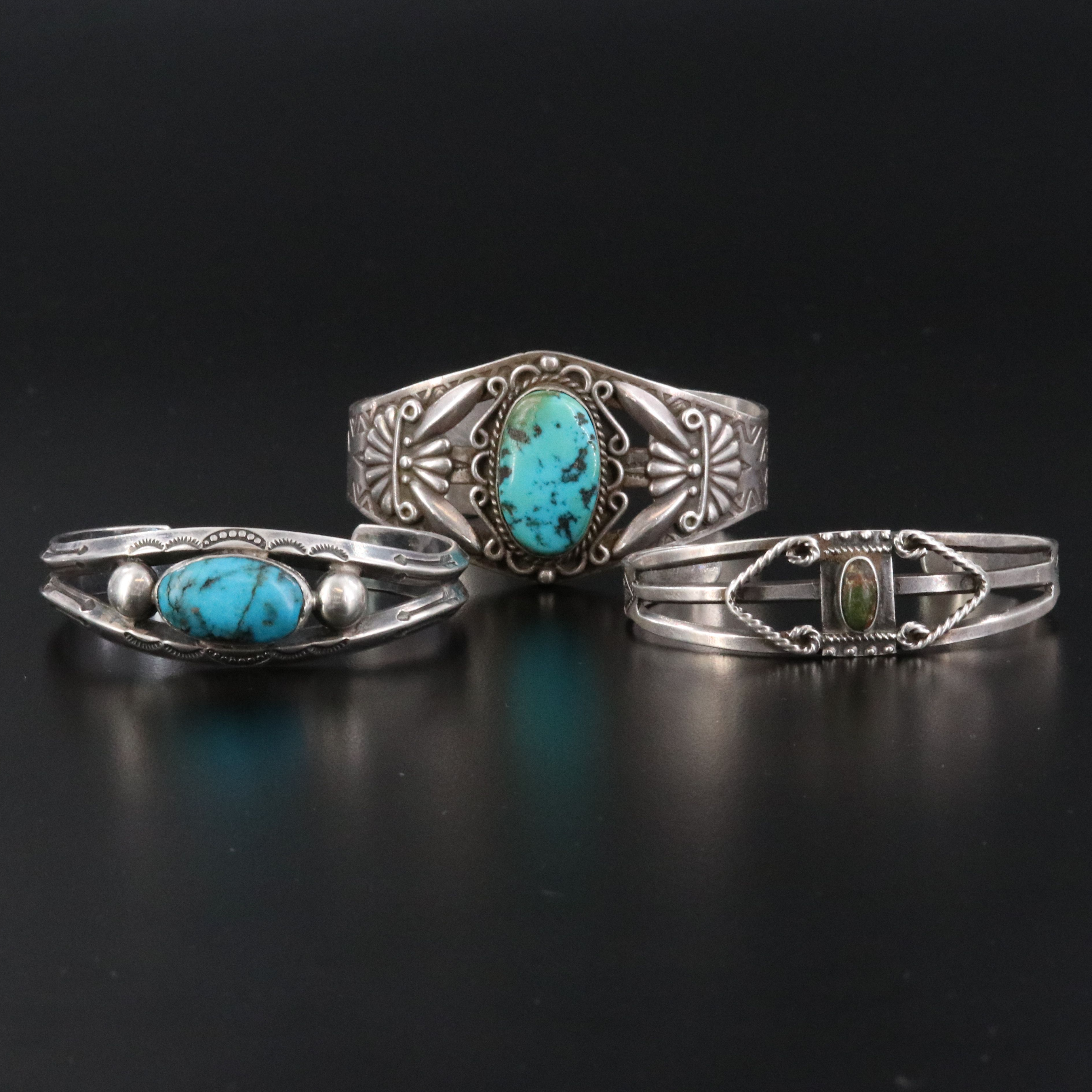 Vintage Fred Harvey Style Sterling and 900 Silver Turquoise Cuff Bracelets