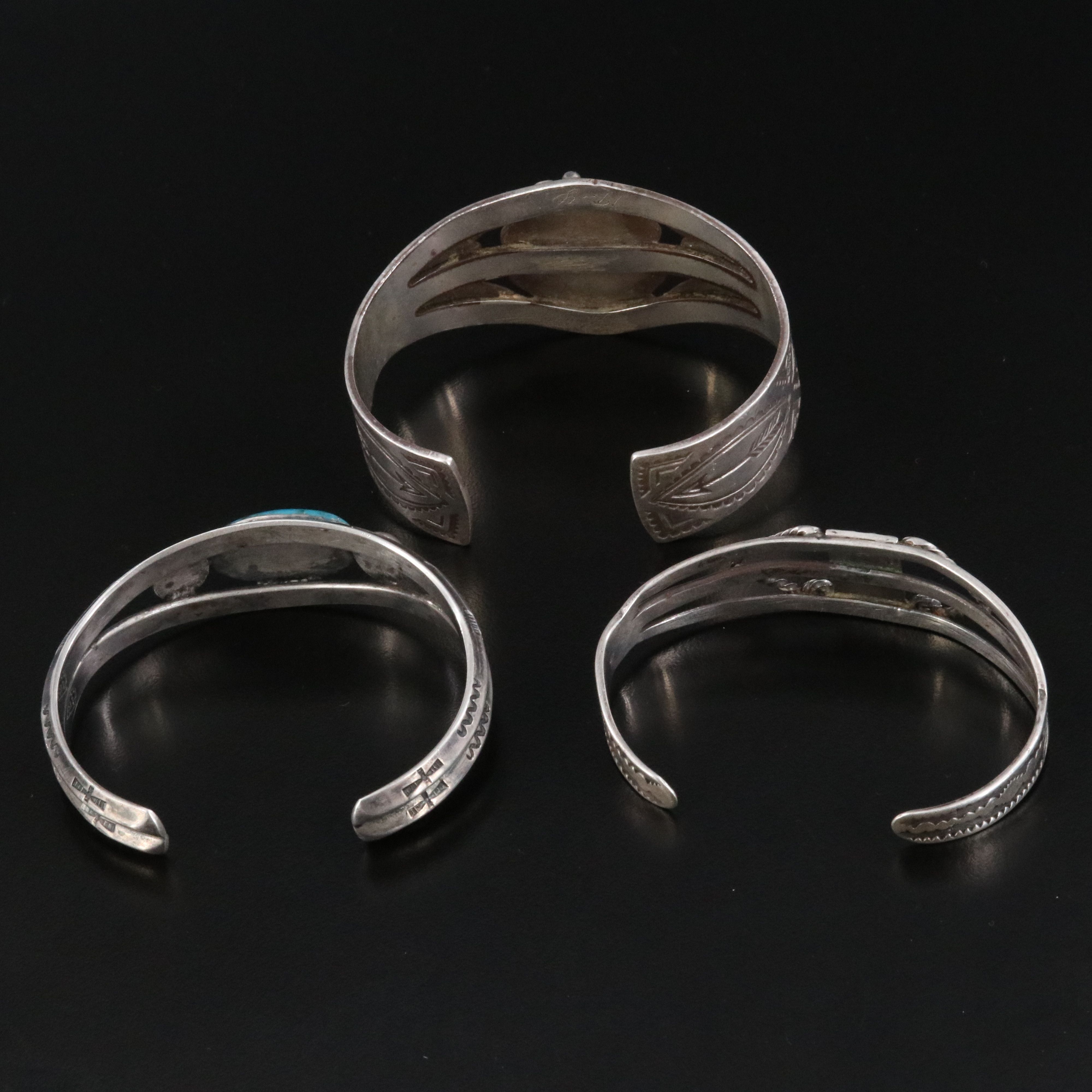 Vintage Fred Harvey Style Sterling and 900 Silver Turquoise Cuff Bracelets