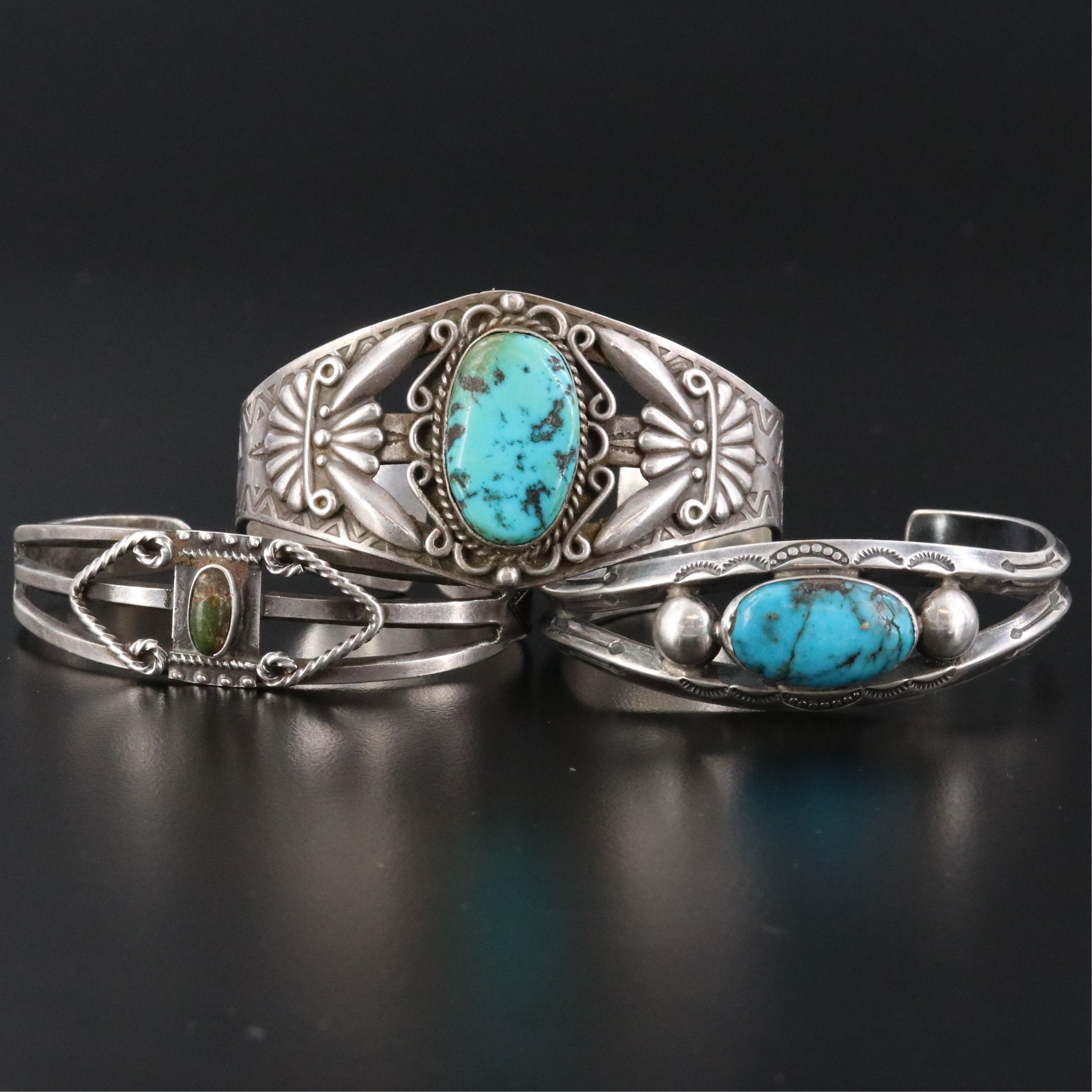 Vintage Fred Harvey Style Sterling and 900 Silver Turquoise Cuff Bracelets