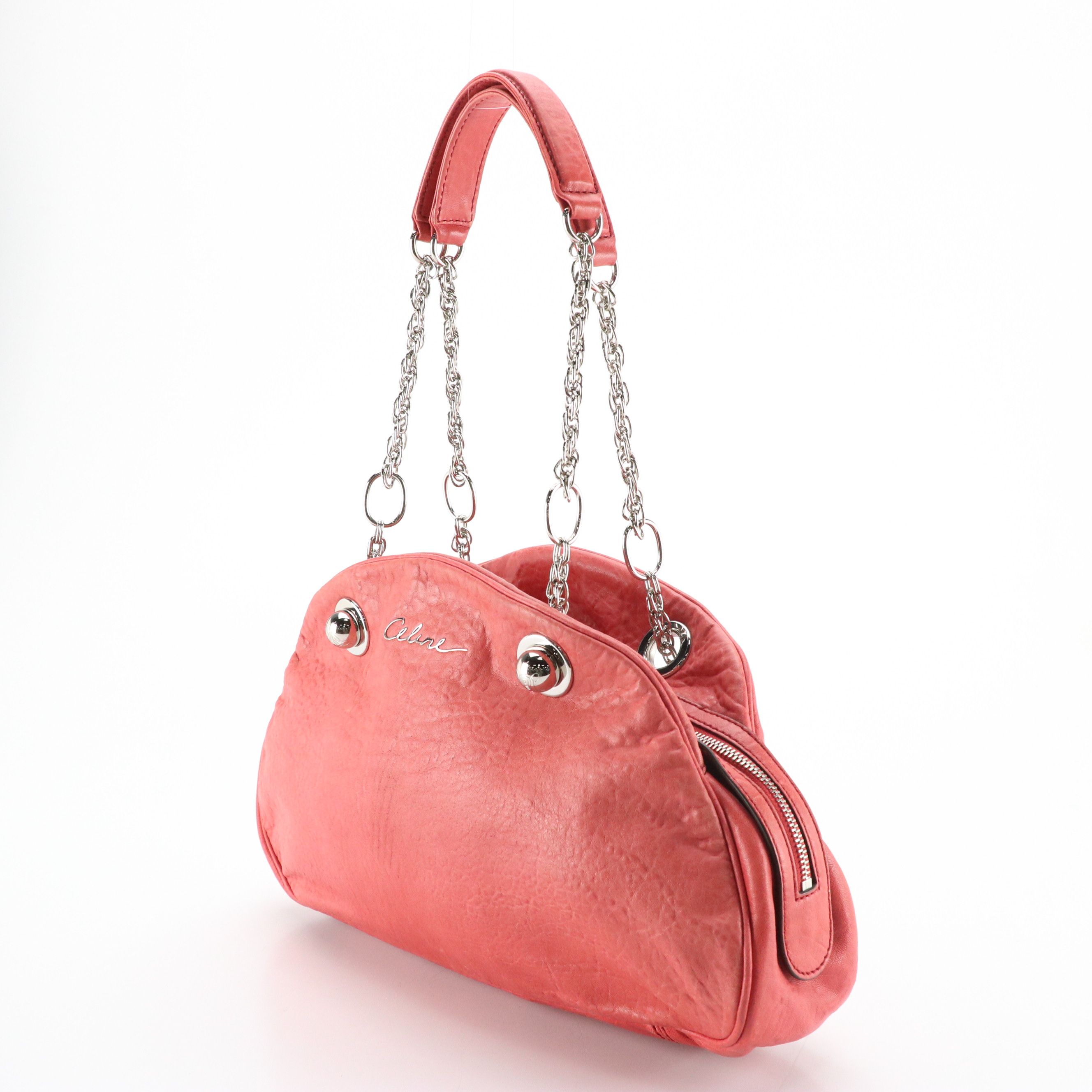 Celine Domed Zip-Around Shoulder Bag in Watermelon Pink Grained Leather