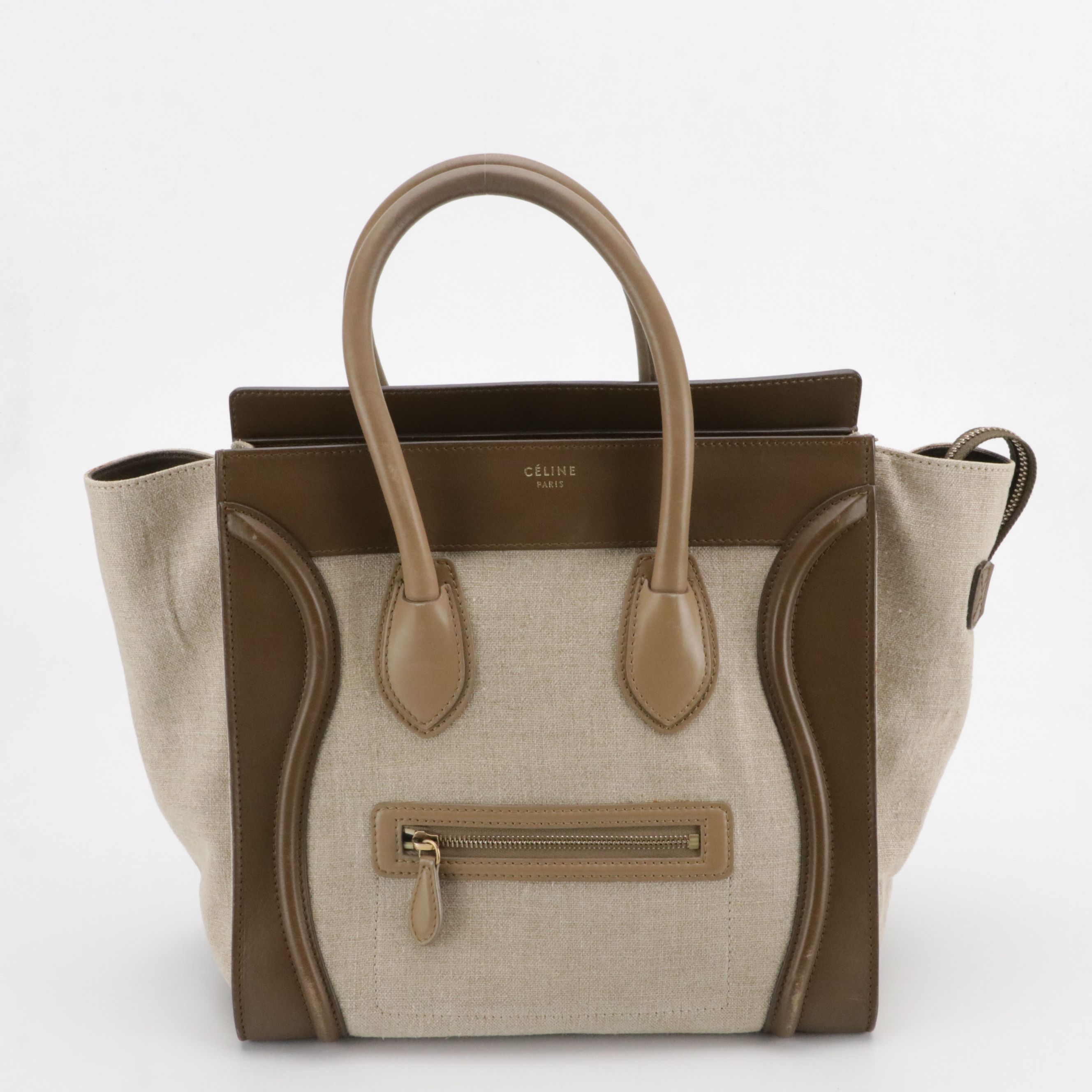 Céline Mini Luggage Tote in Beige Canvas and Two-Tone Calfskin Leather