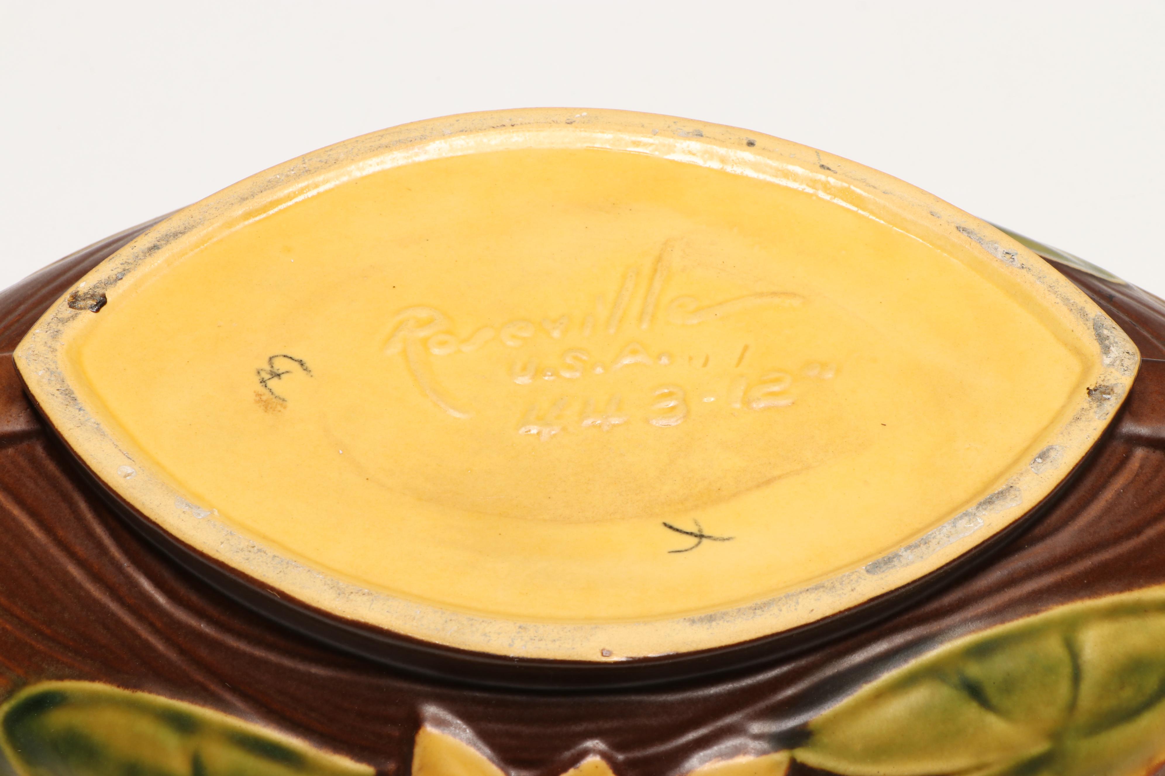 Roseville Pottery "Clematis Autumn Brown" and "Bushberry" Pots and Bowl