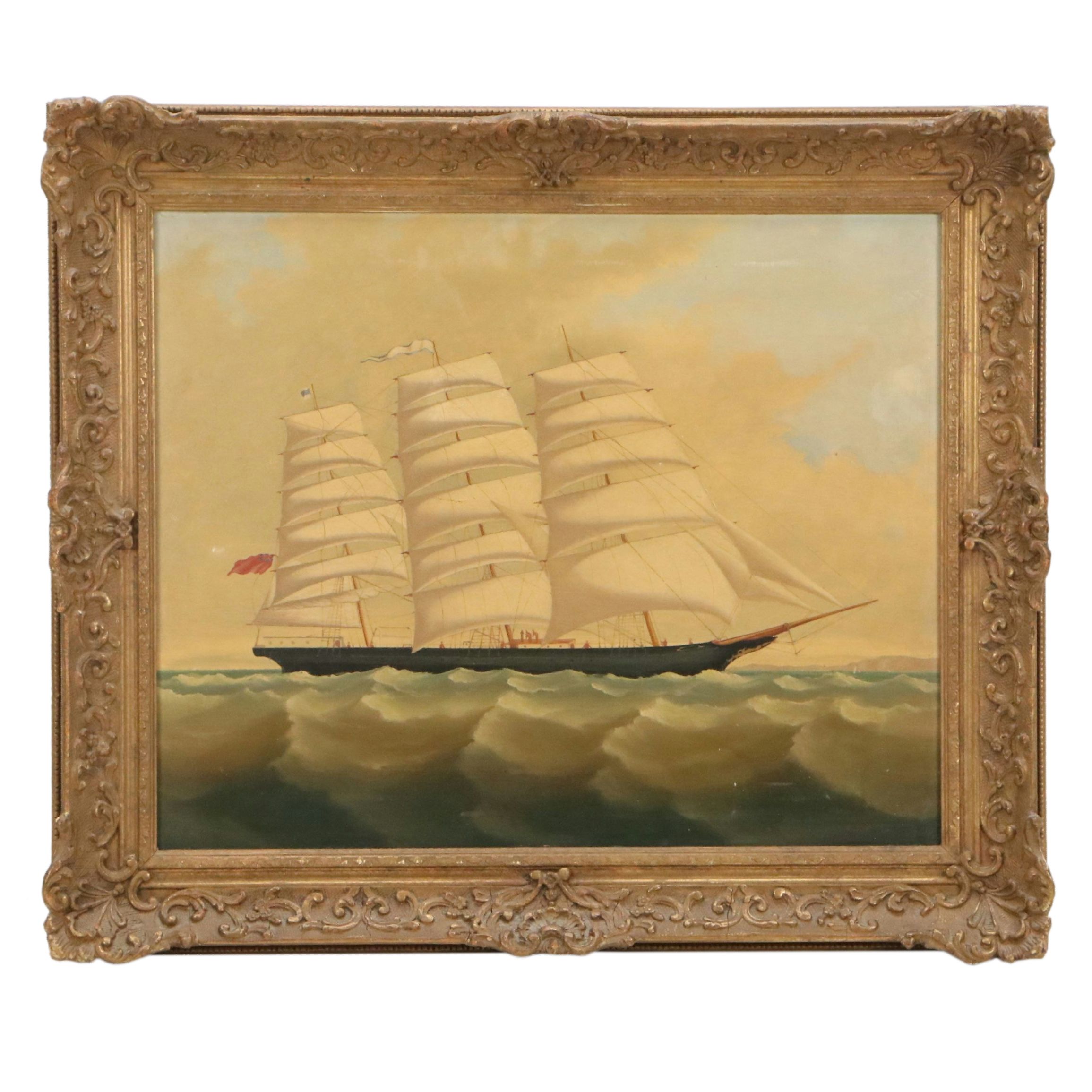 H. Whitcombe Maritime Oil Painting of Tall Ship, Late 19th to Early 20th Century